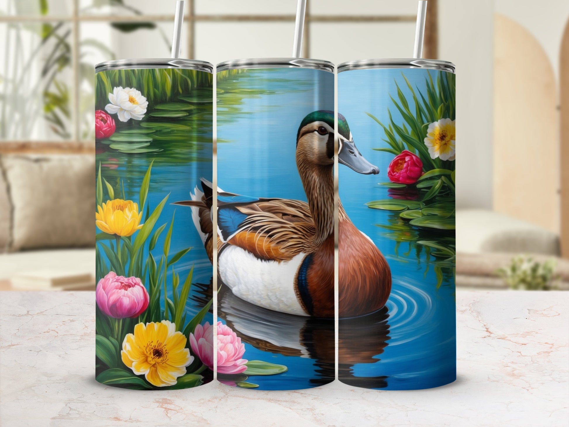 Mallard duck swimming in calm blue water surrounded by colorful flowers.
