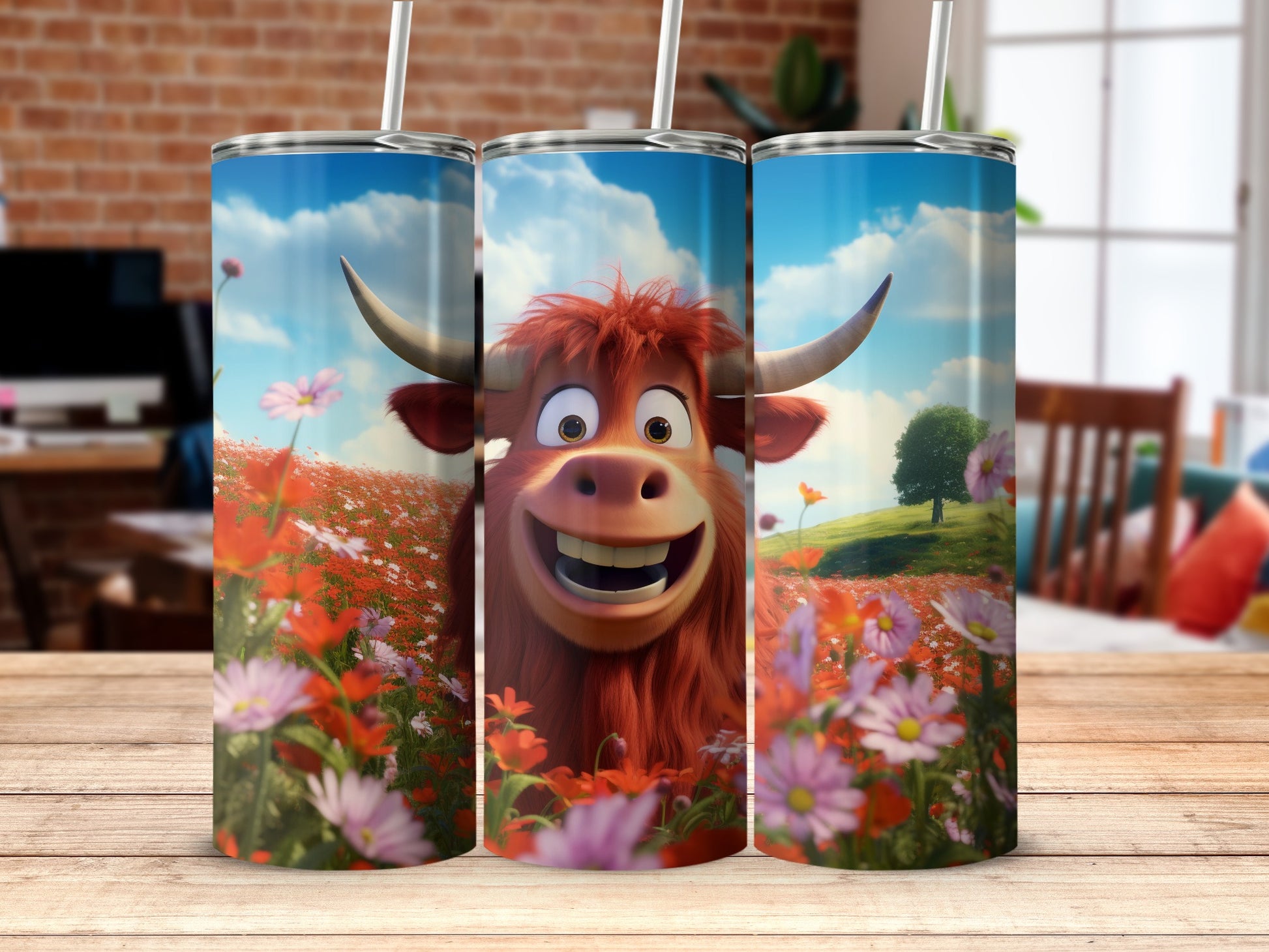 Cartoon Cow in Flower Field Tumbler Design