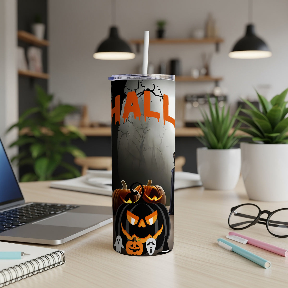 Halloween tumbler with jack-o'-lanterns, ghosts, and "HALLOWEEN" text.