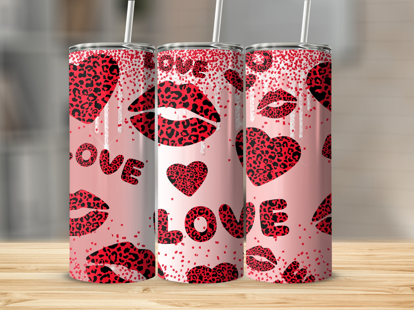 Leopard Print Love Hearts and Kisses Tumbler