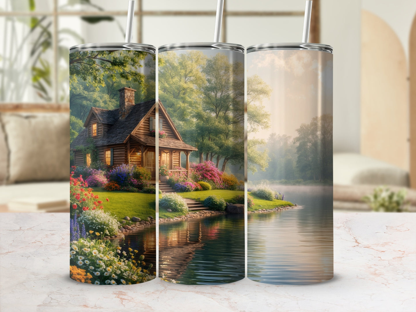 Rustic cabin by a serene lake, surrounded by lush greenery and wildflowers.