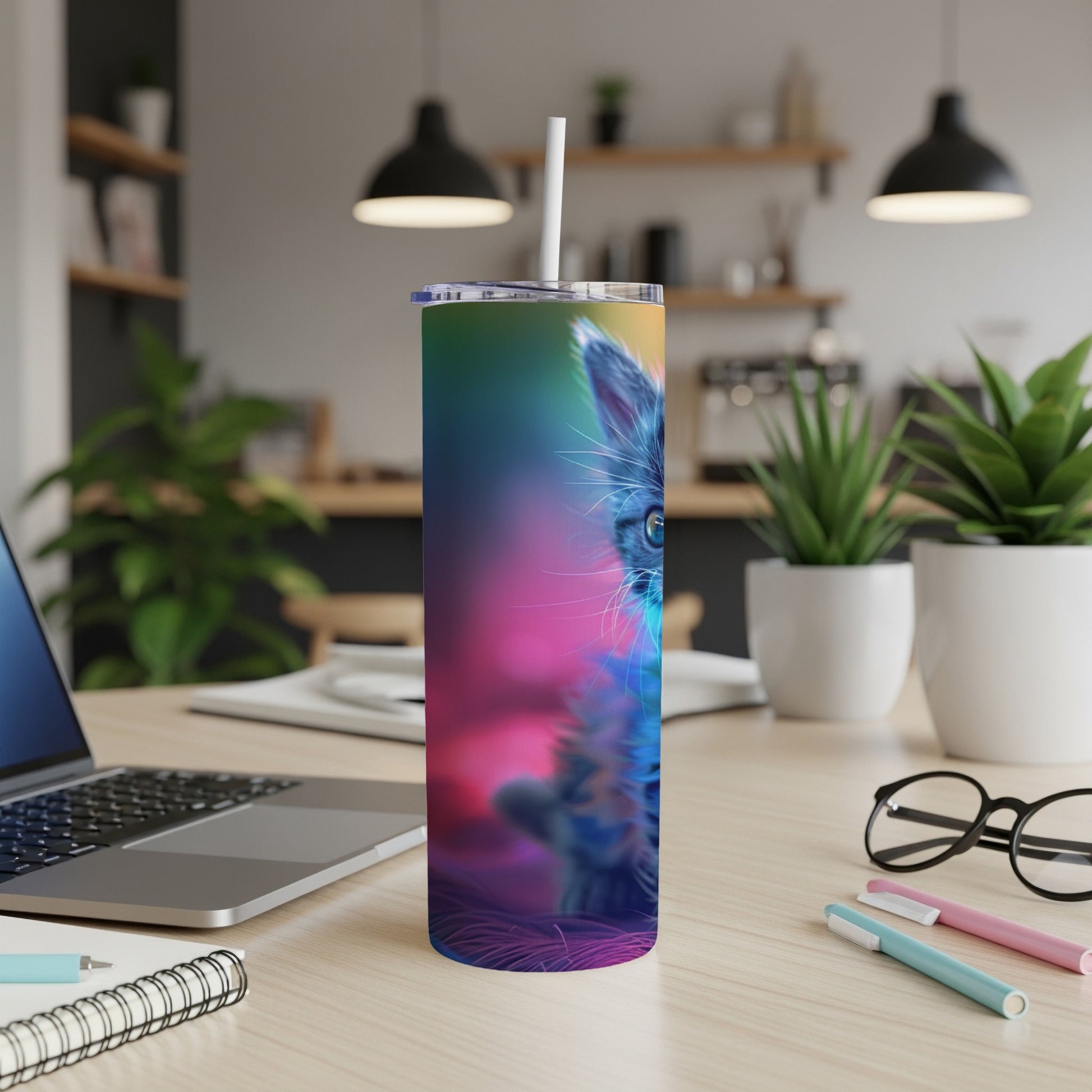 Blue and pink gradient tumbler with a cat's face peeking out.