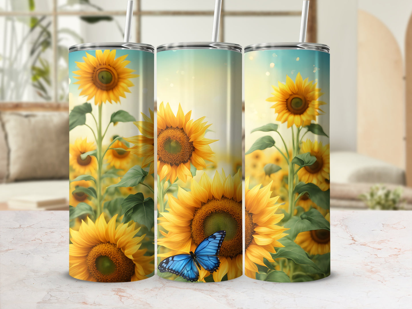 Sunflowers with a blue butterfly on a tumbler wrap.