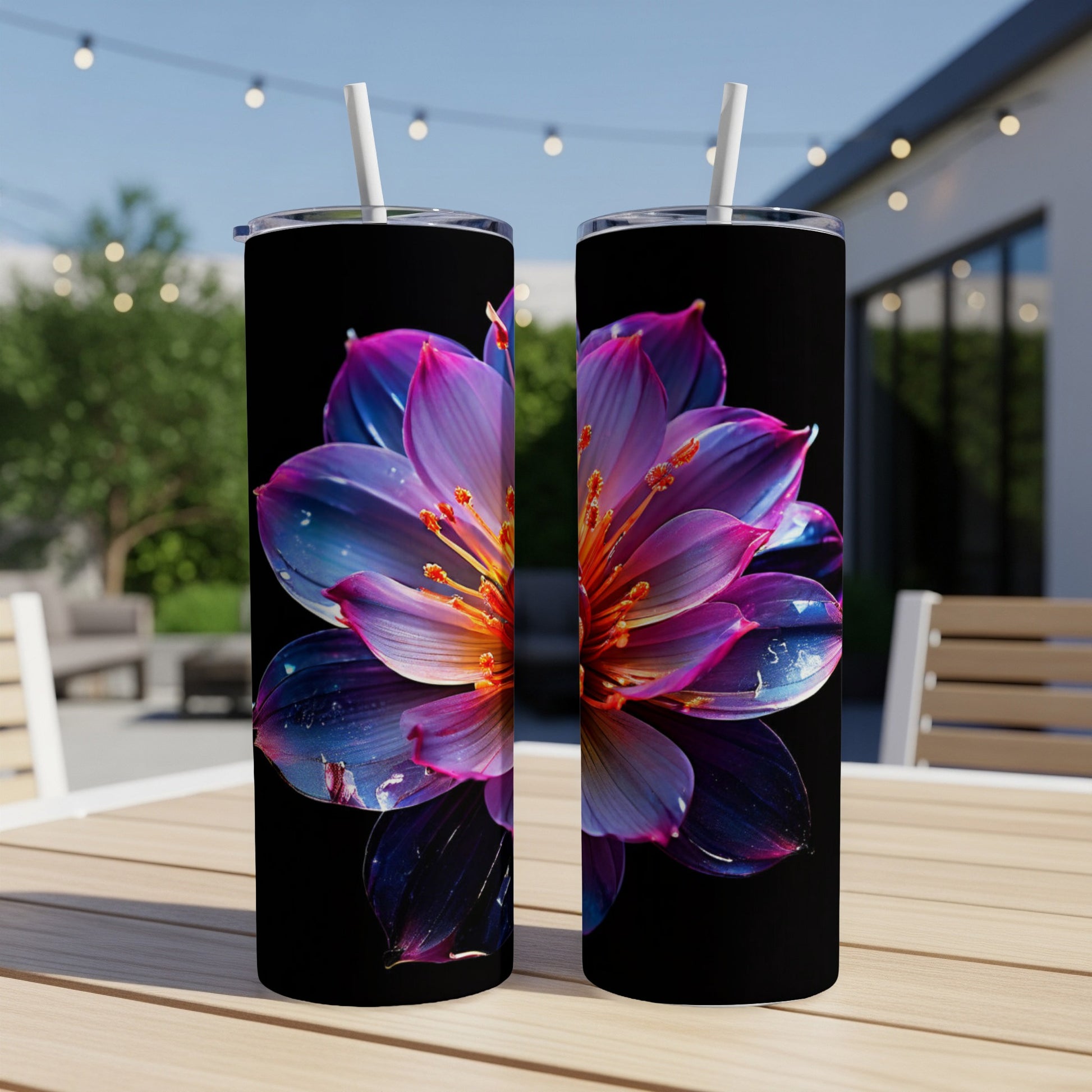 Two tall tumblers with a vibrant purple and blue flower design.