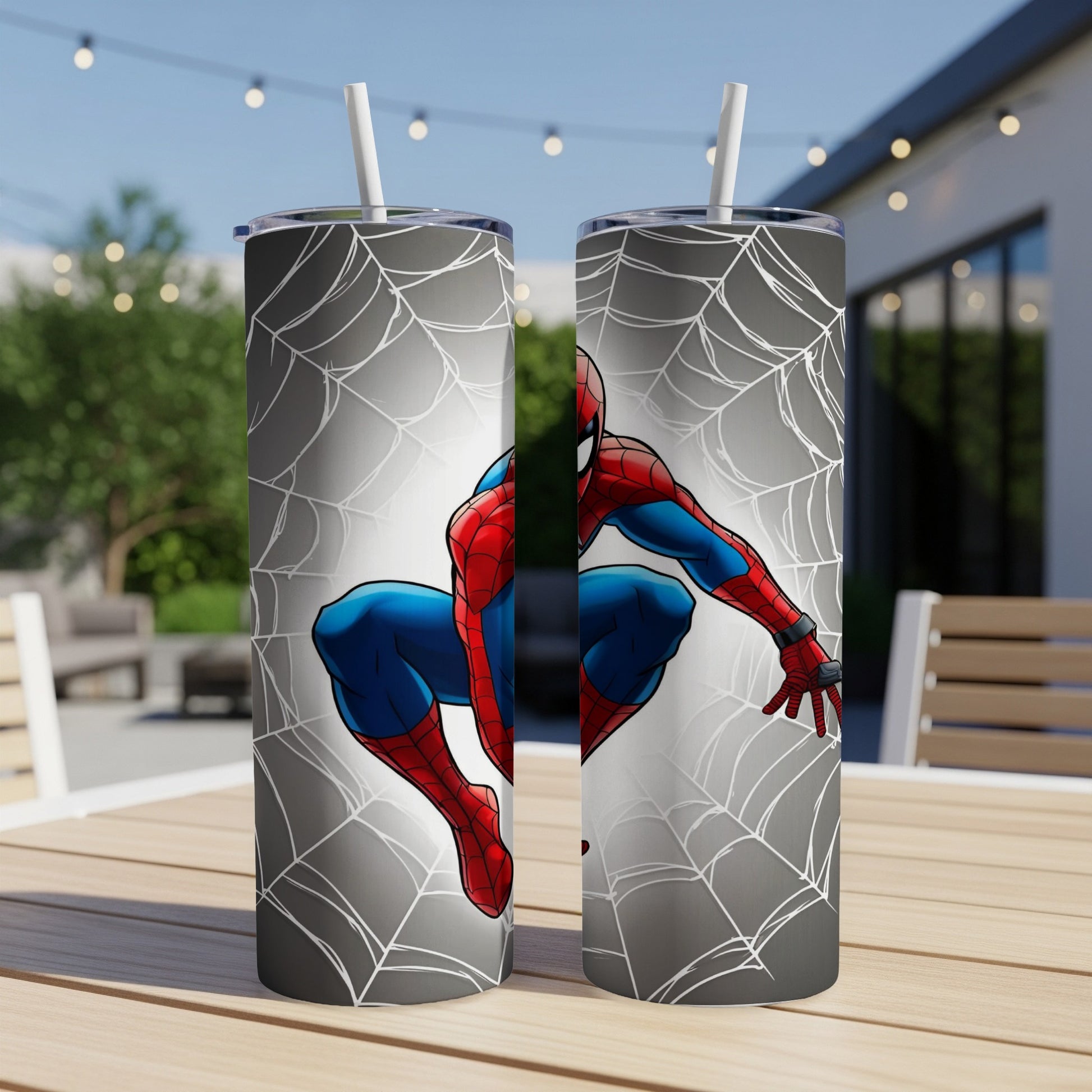 Spider-Man in action pose against a grey web background on a tumbler.