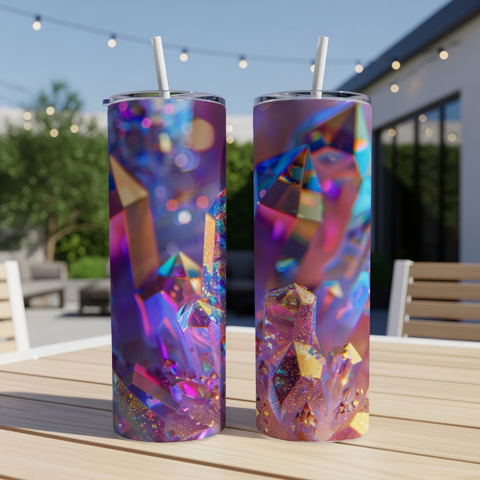 Two tumblers with iridescent crystal design on an outdoor table.