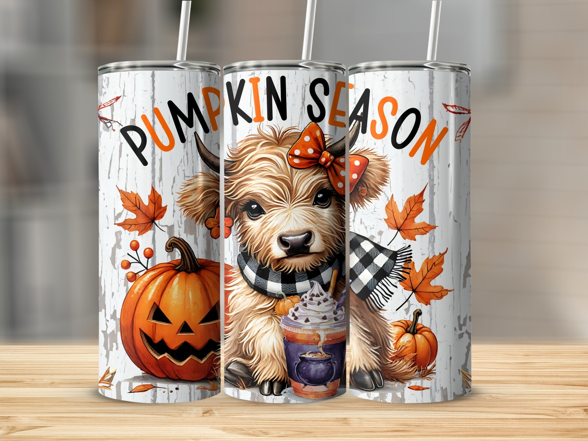 Halloween Highland cow with pumpkin, hot drink, and "Pumpkin Season" text.