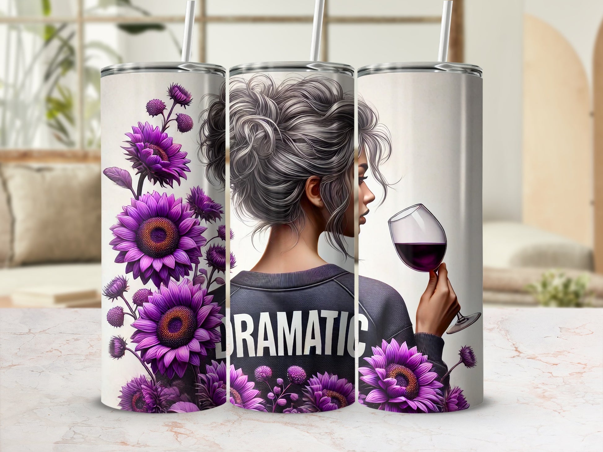 Woman with dark hair holding wine, surrounded by purple flowers, "DRAMATIC" text on sweater.