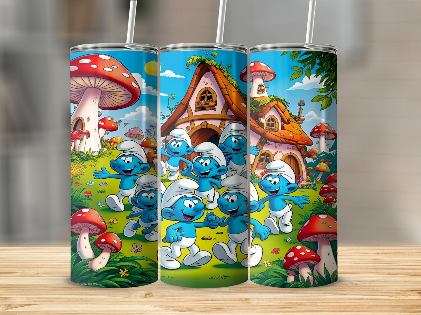 Smurfs celebrating in front of mushroom houses, with colorful mushrooms and flowers.