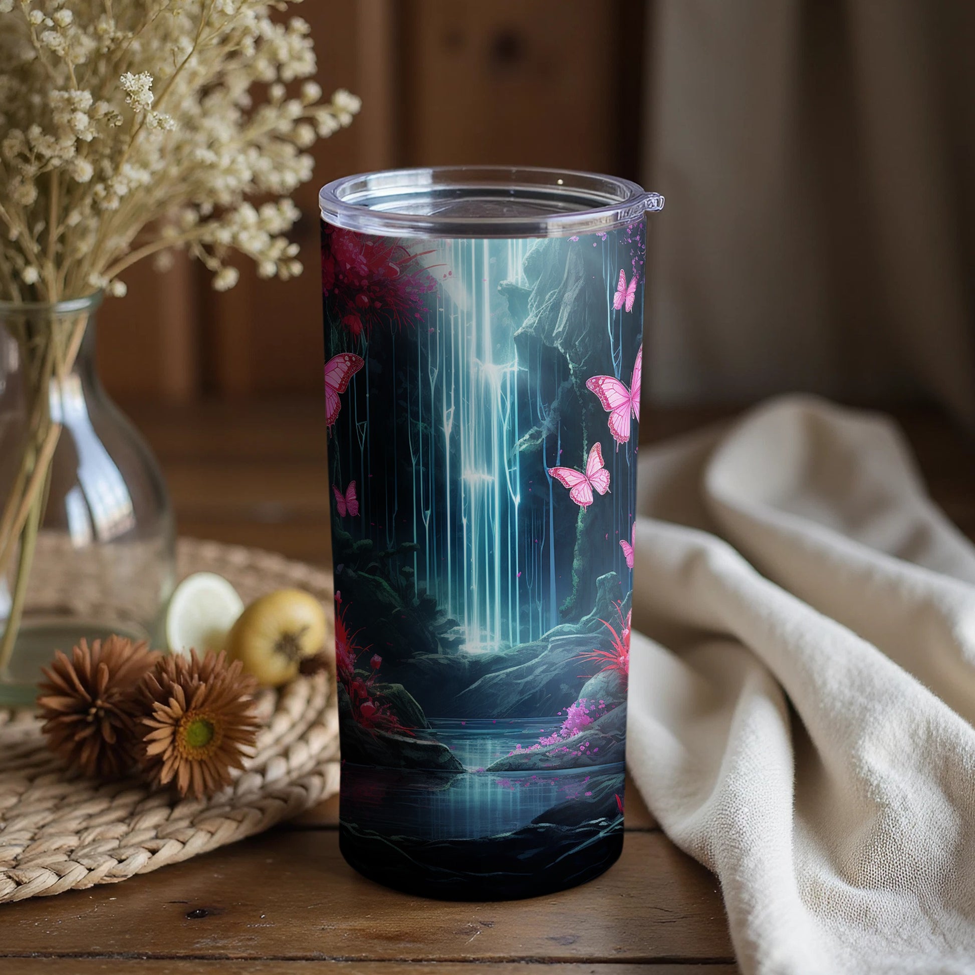 Enchanting Forest Pink Butterflies Double Wall Tumbler
