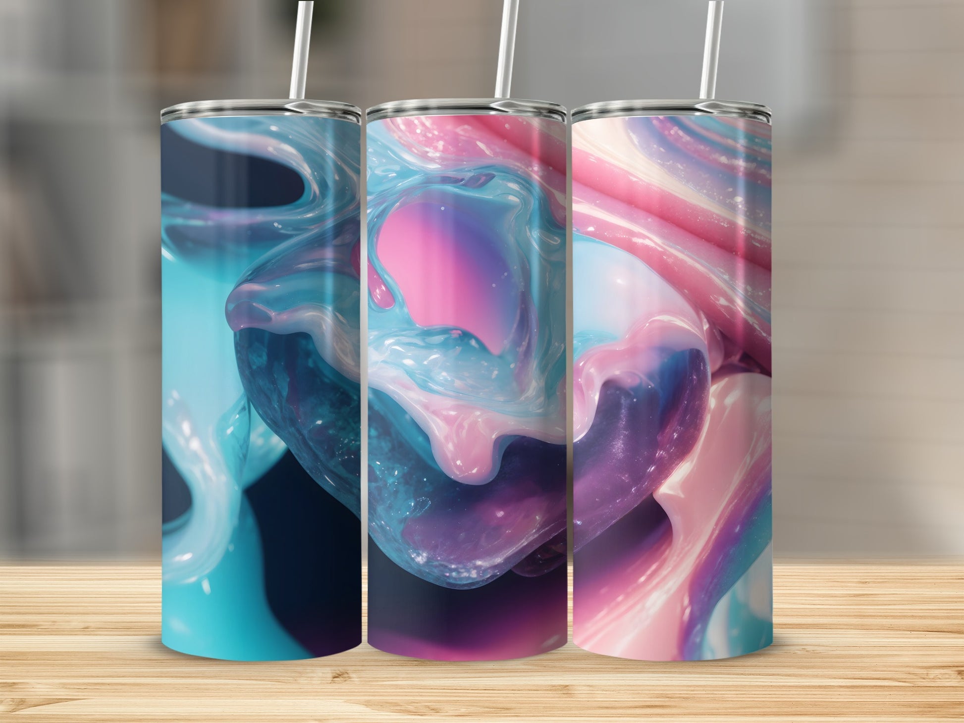 Three tumblers with swirling pink, blue, and purple abstract liquid designs.