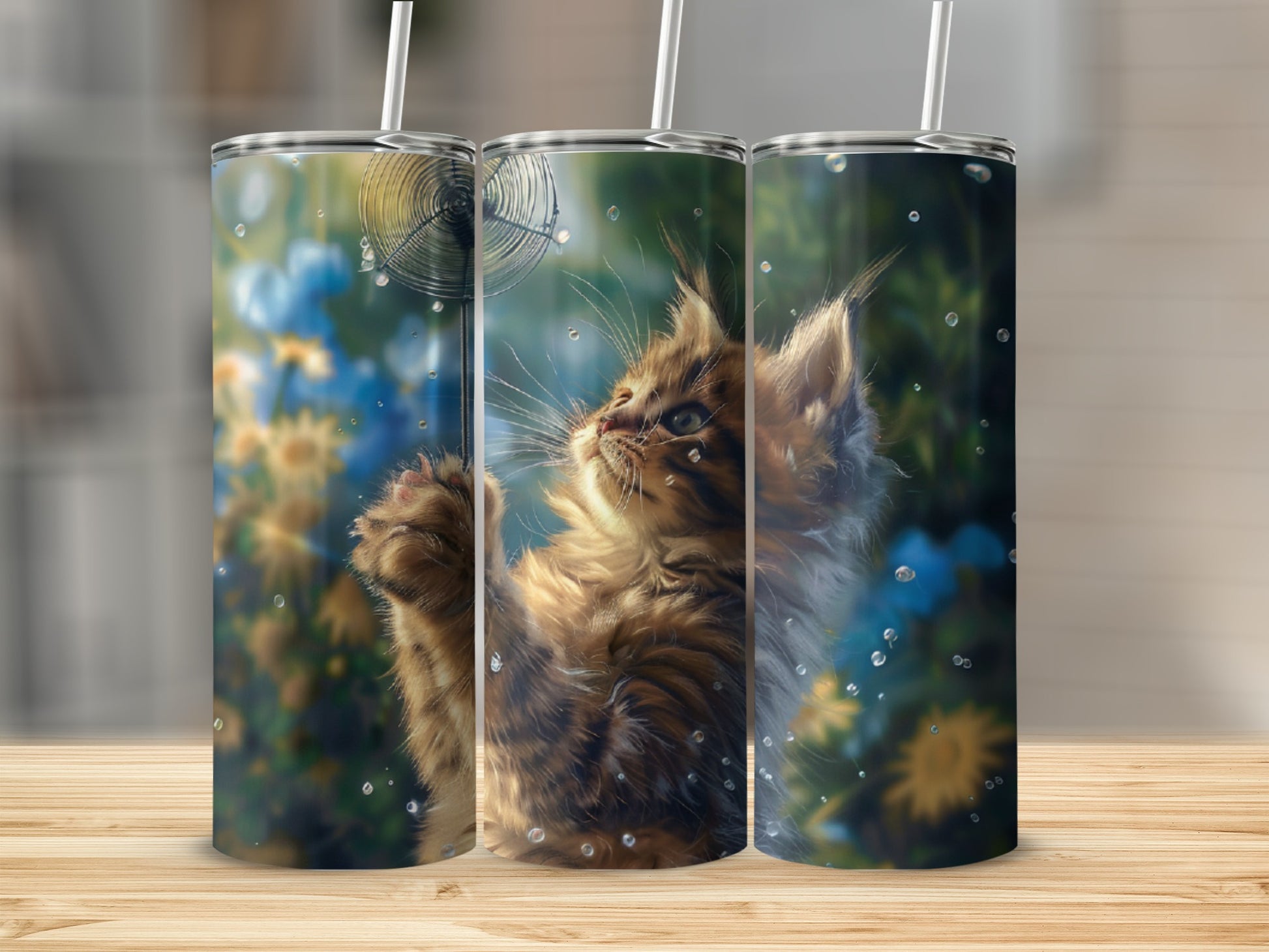 Three tumblers feature a Maine Coon kitten reaching for a fan with floral background.