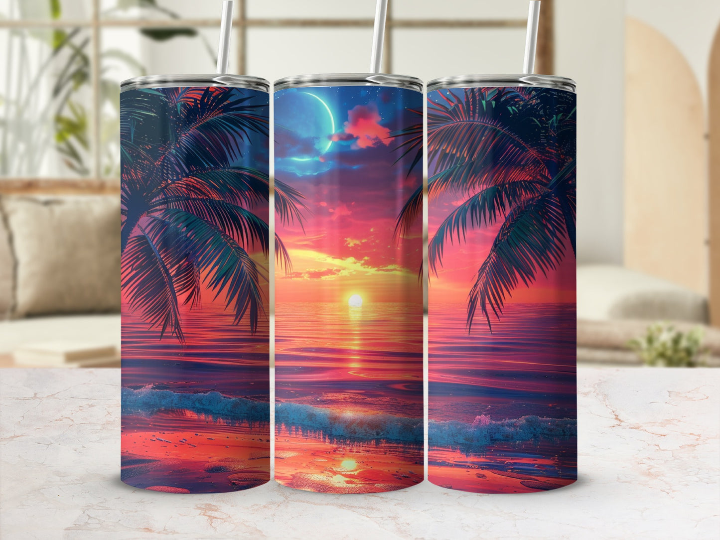 Three tumblers with a tropical sunset scene and palm trees.