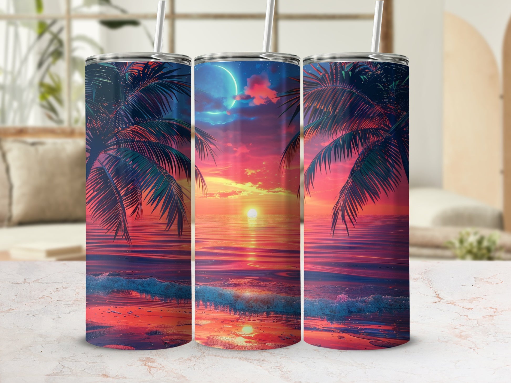 Three tumblers with a tropical sunset scene and palm trees.