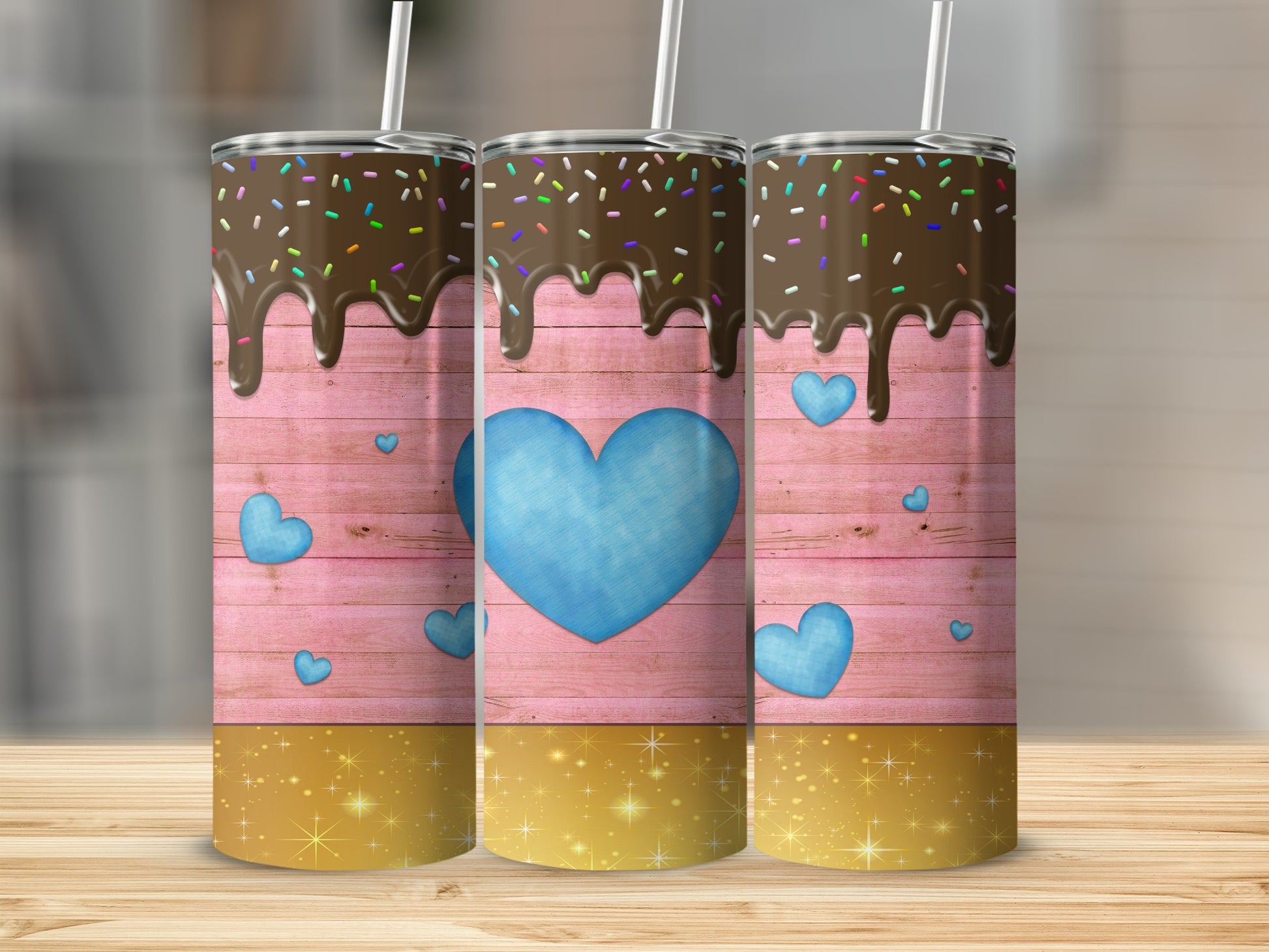 Blue Heart Design Tumbler Cup with Chocolate Dripping