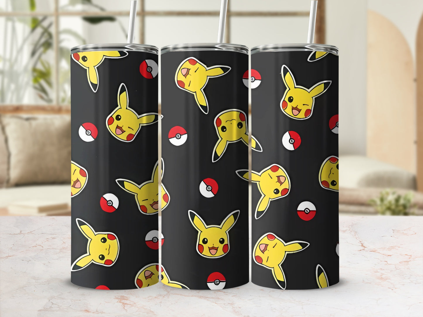 Pikachu and Pokeball Design Black Tumbler Product