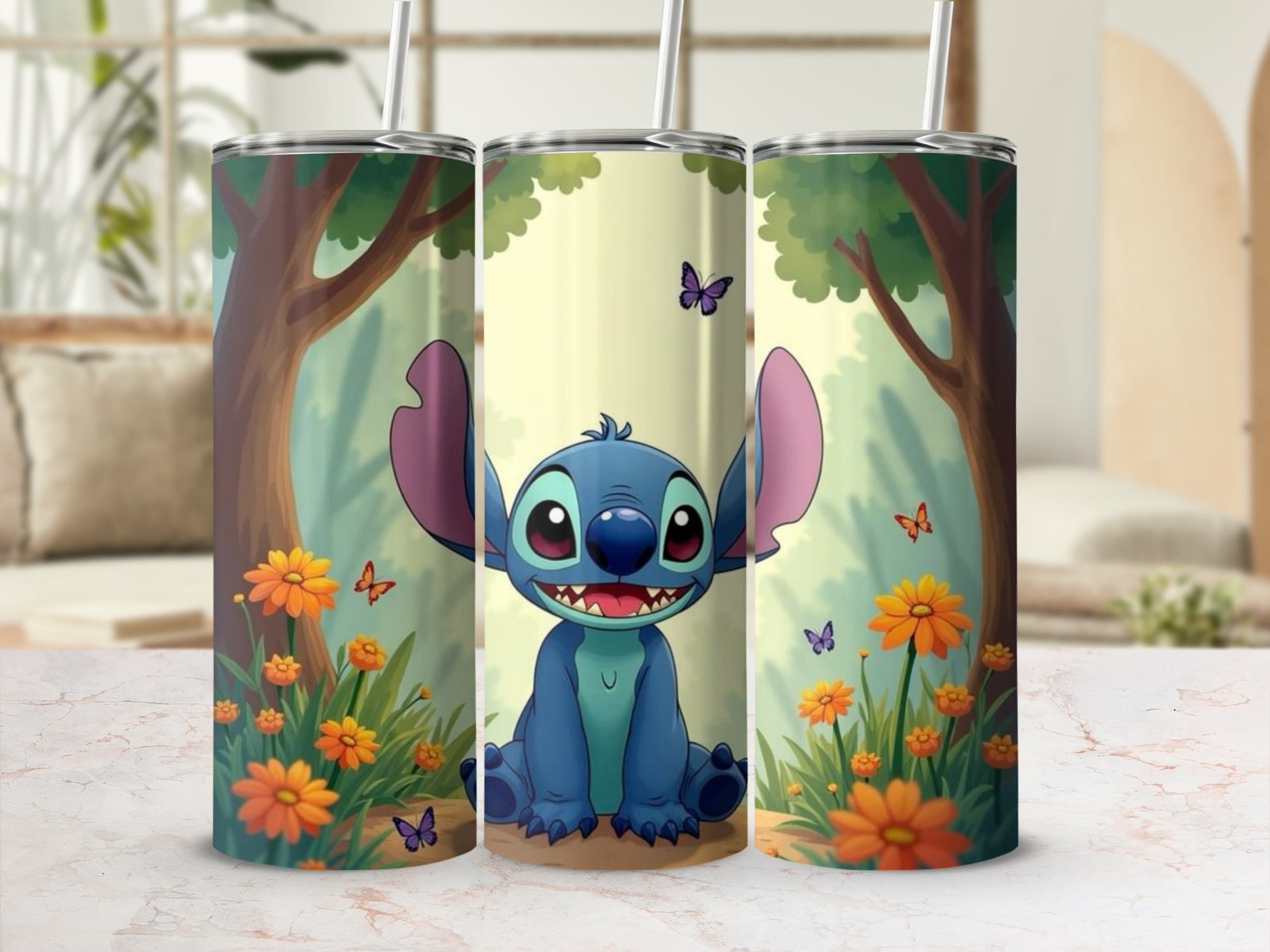 Cute Blue Character Surrounded by Flowers Tumbler