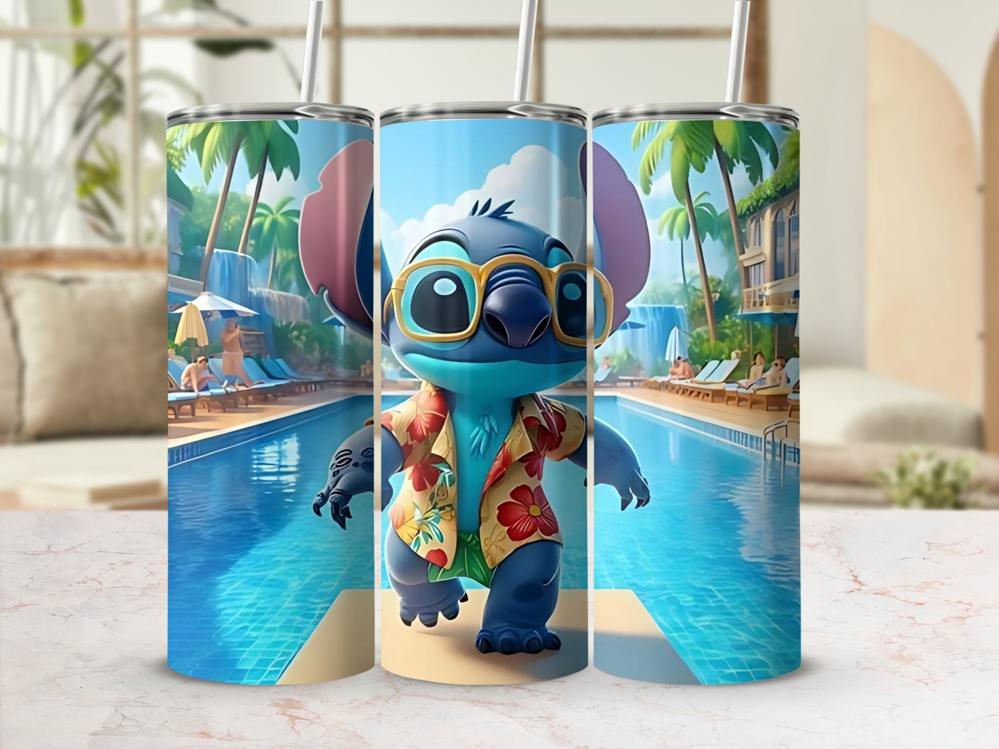 Tropical Blue Cartoon Figure Poolside Tumbler