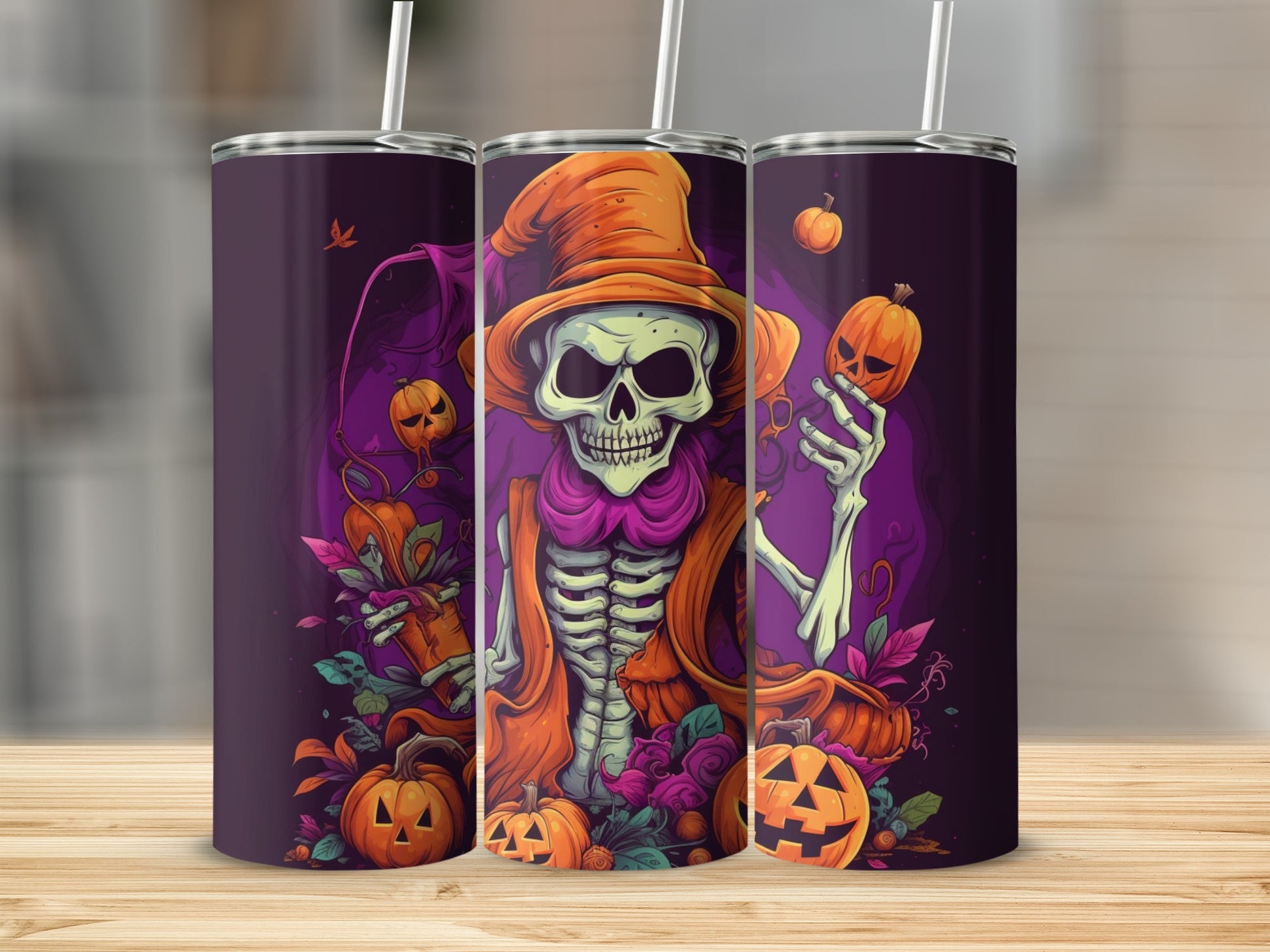 Halloween Skeleton Witch with Pumpkins Tumbler Cup