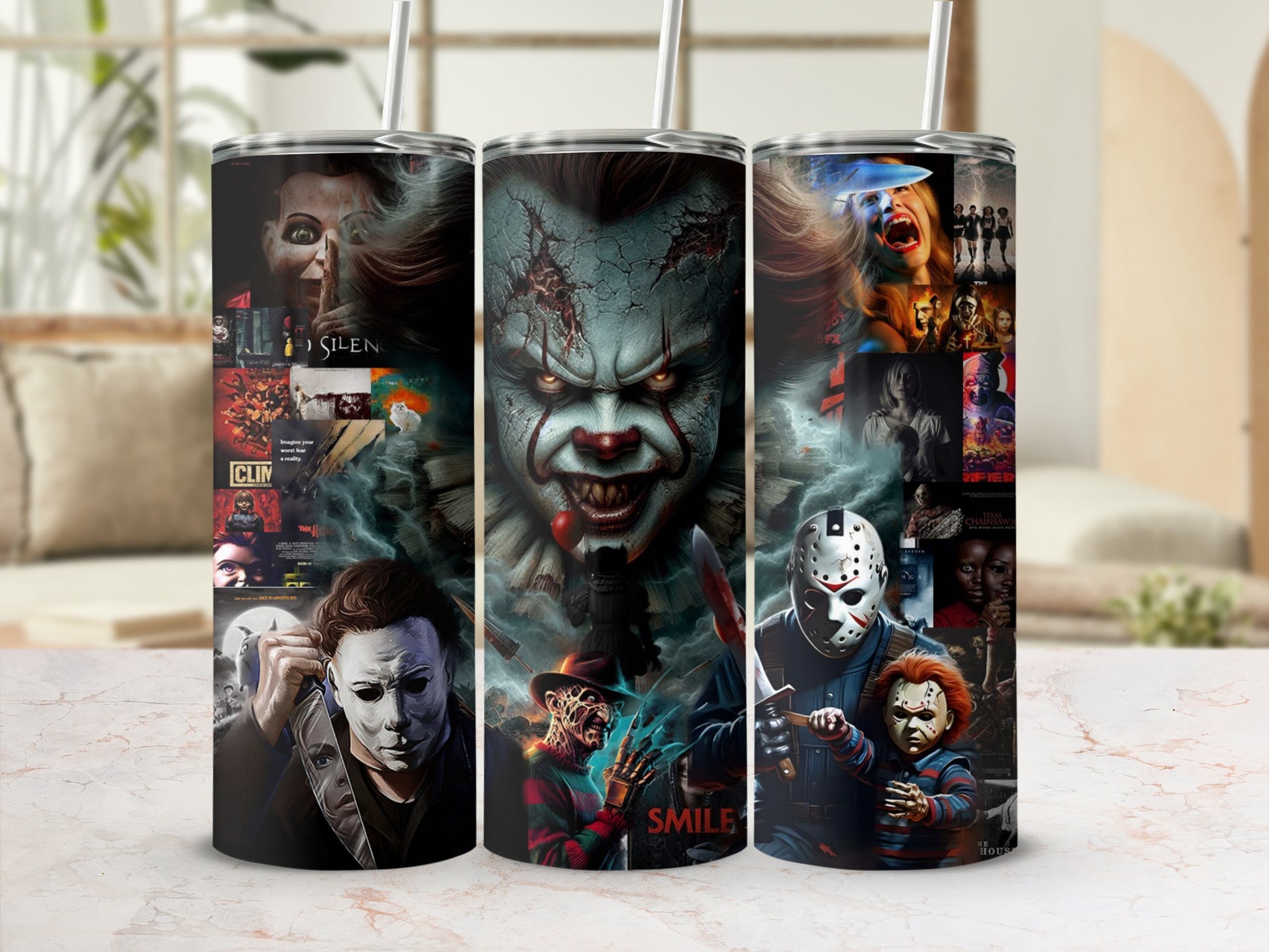 Tumbler with horror movie characters including Pennywise, Michael Myers, Freddy Krueger, and Chucky.