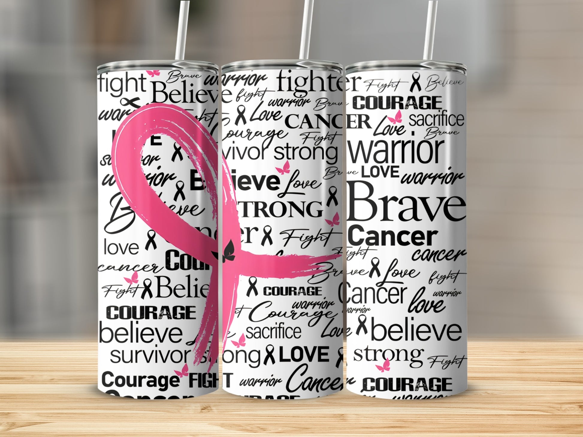 Tumbler with pink ribbon and fight cancer slogans.