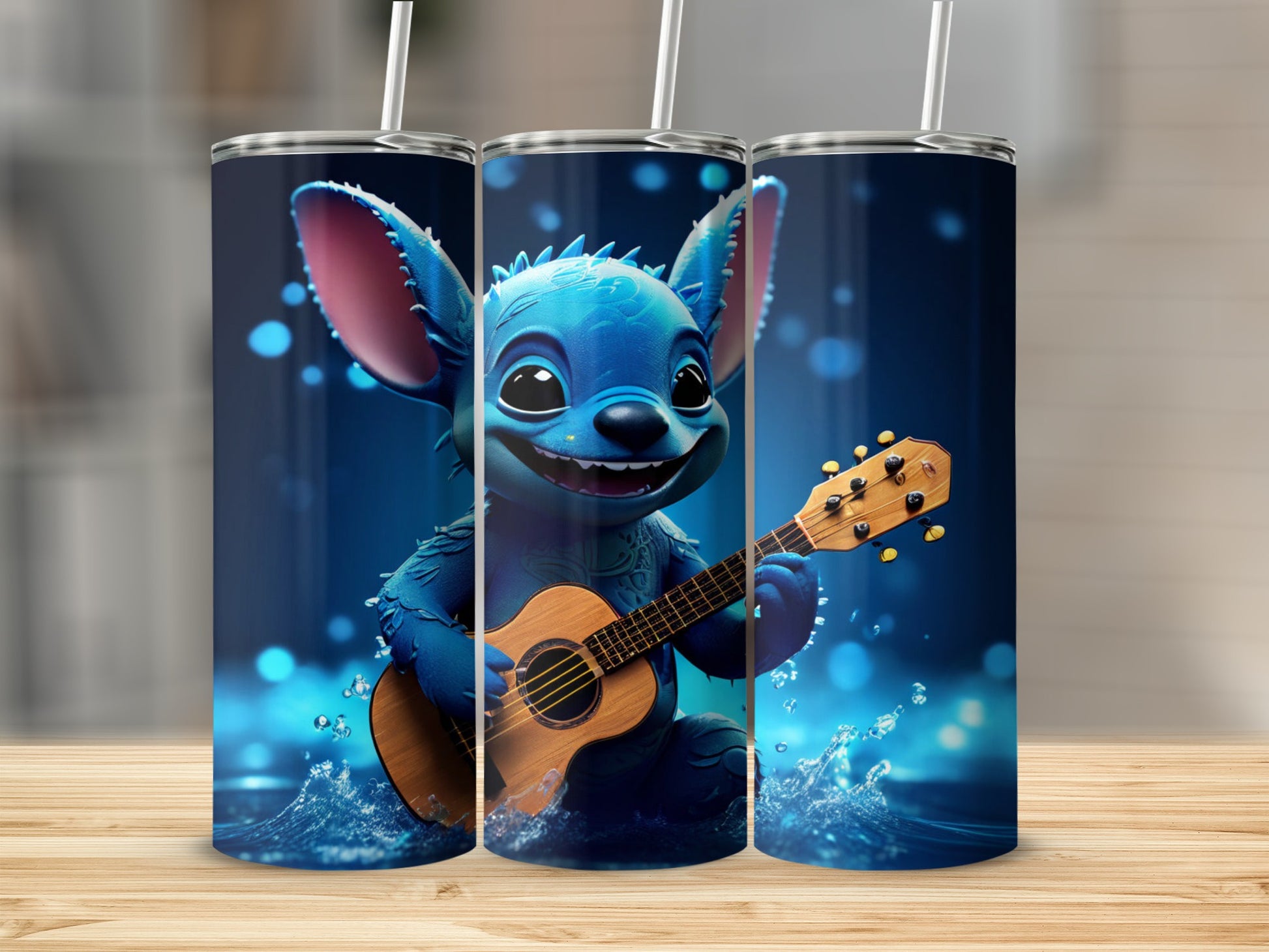 Blue cartoon character with large ears playing a ukulele, surrounded by water splashes.