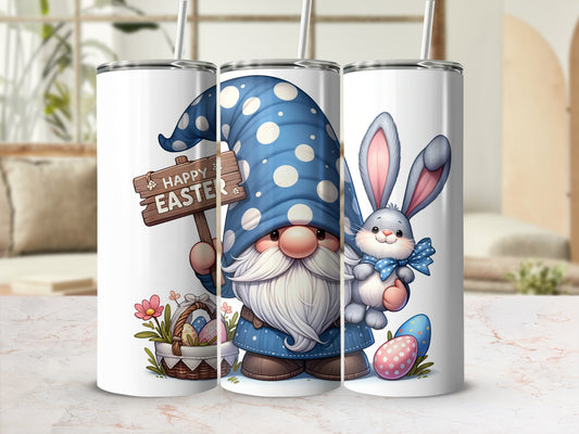 Gnome with bunny and Easter basket holding "Happy Easter" sign.