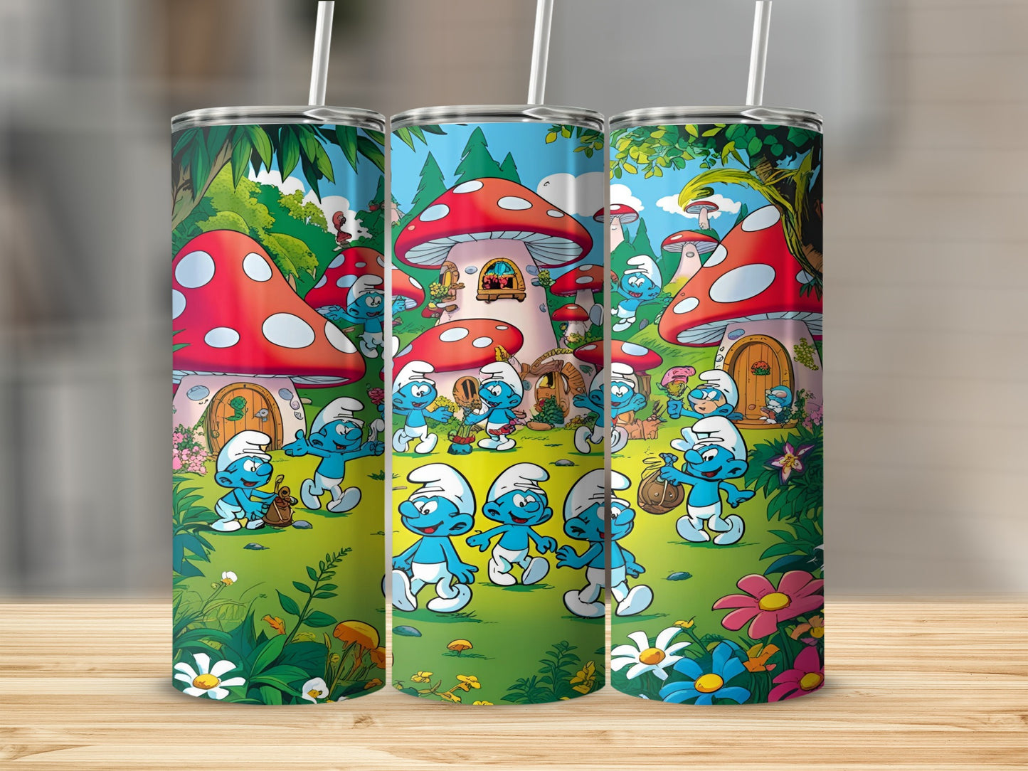 Smurfs celebrate in a whimsical mushroom village under a bright blue sky.