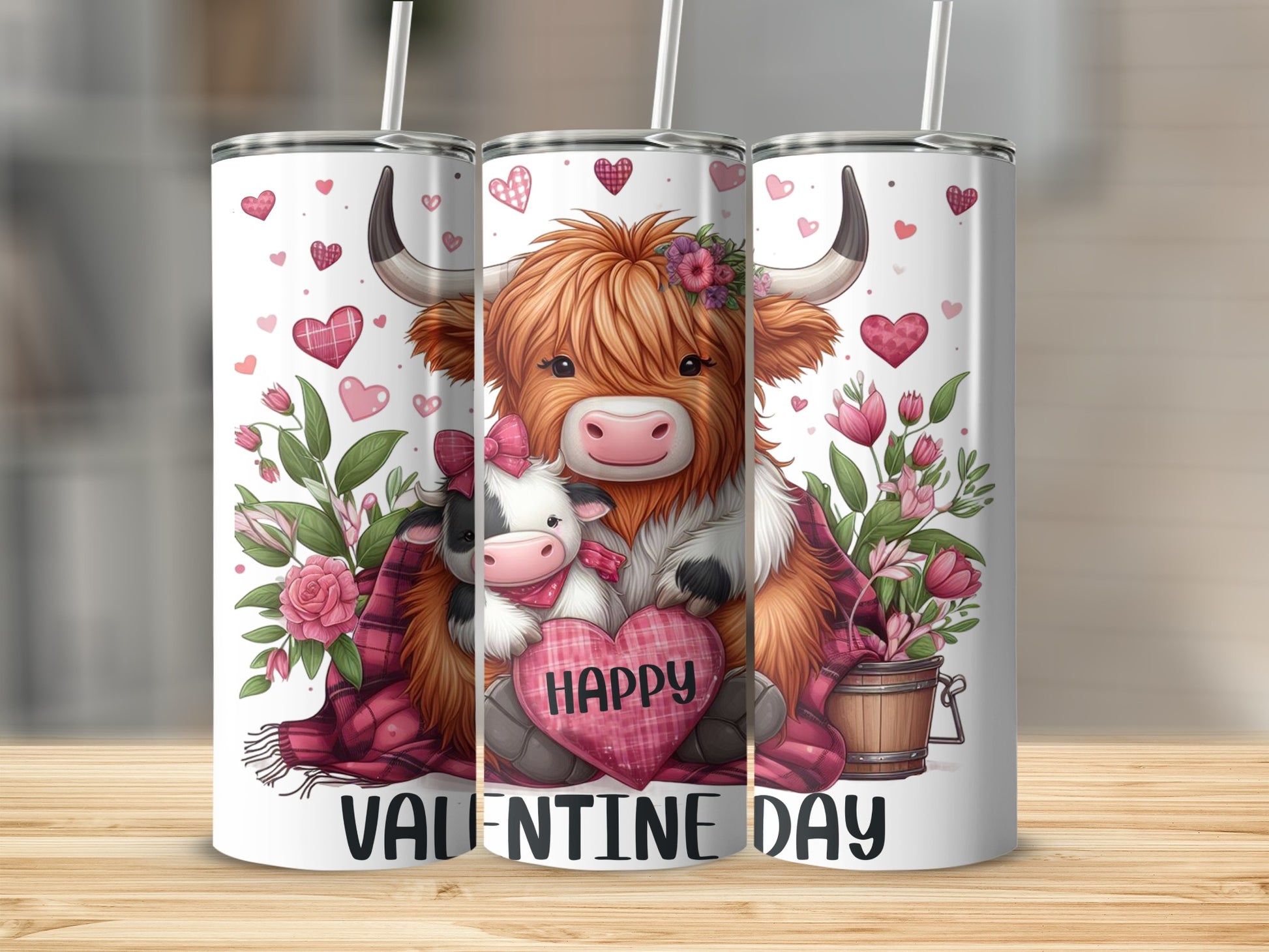 Cow and calf with flowers holding a heart that says Happy Valentine Day.