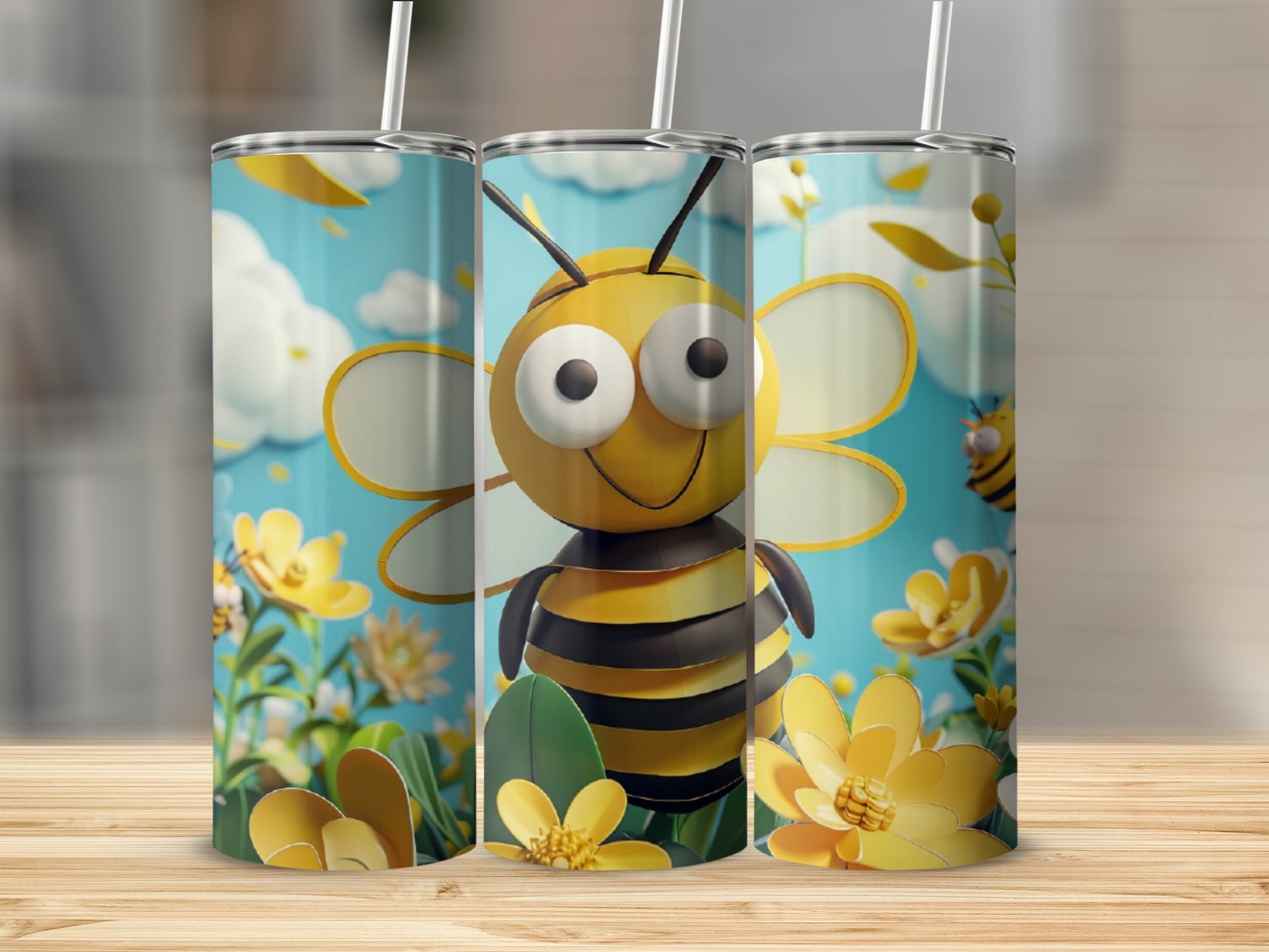 Cartoon bee among flowers on a blue sky background.