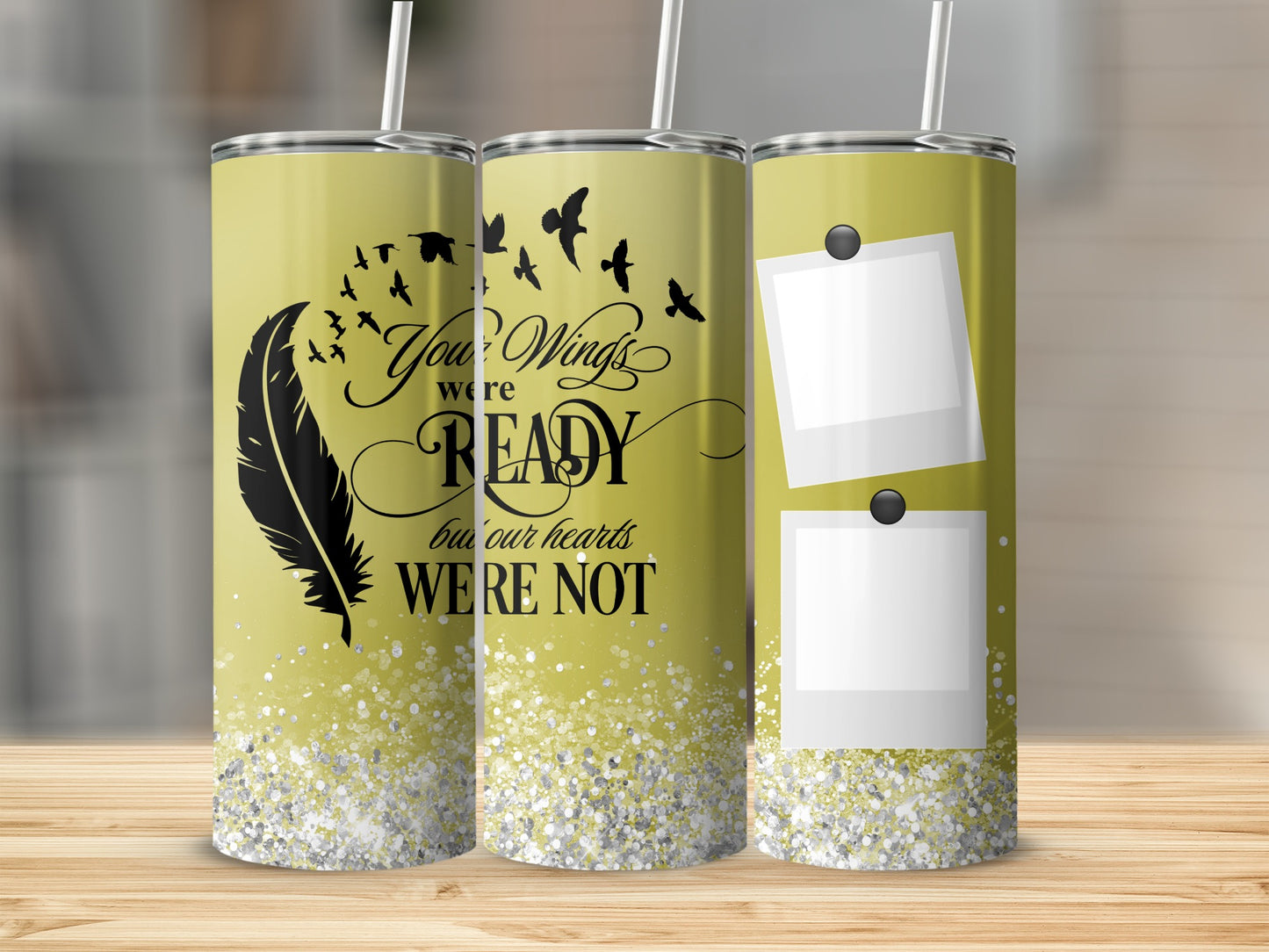 Tumblers with feather, birds, quote, and photo placeholders.
