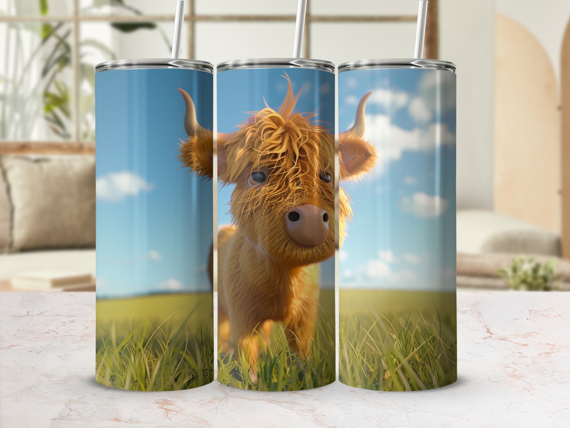 Fluffy Highland cow illustration on three tumblers in a grassy field.