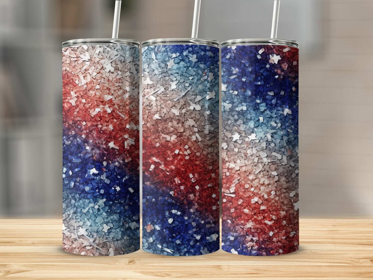 Three glittery tumblers with red, white, and blue abstract patriotic design.