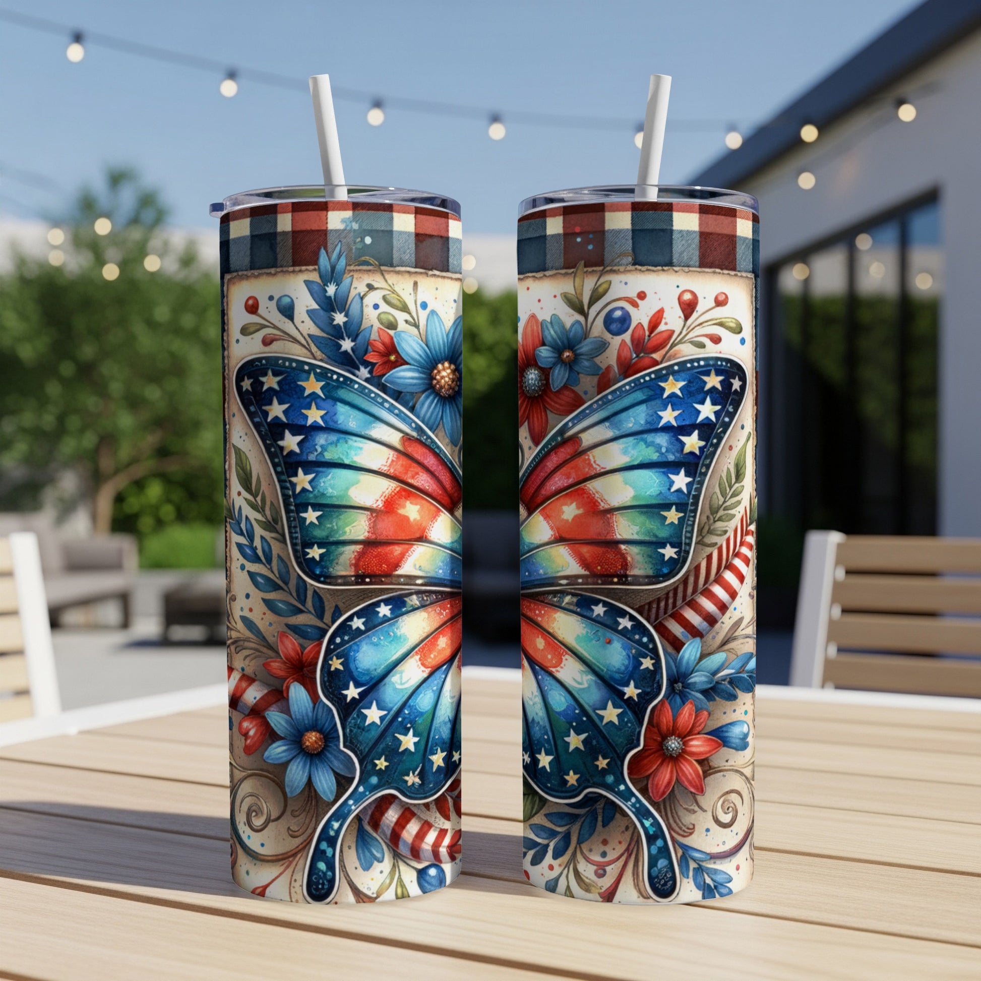 Two tumblers with a patriotic butterfly design and checkered straws.