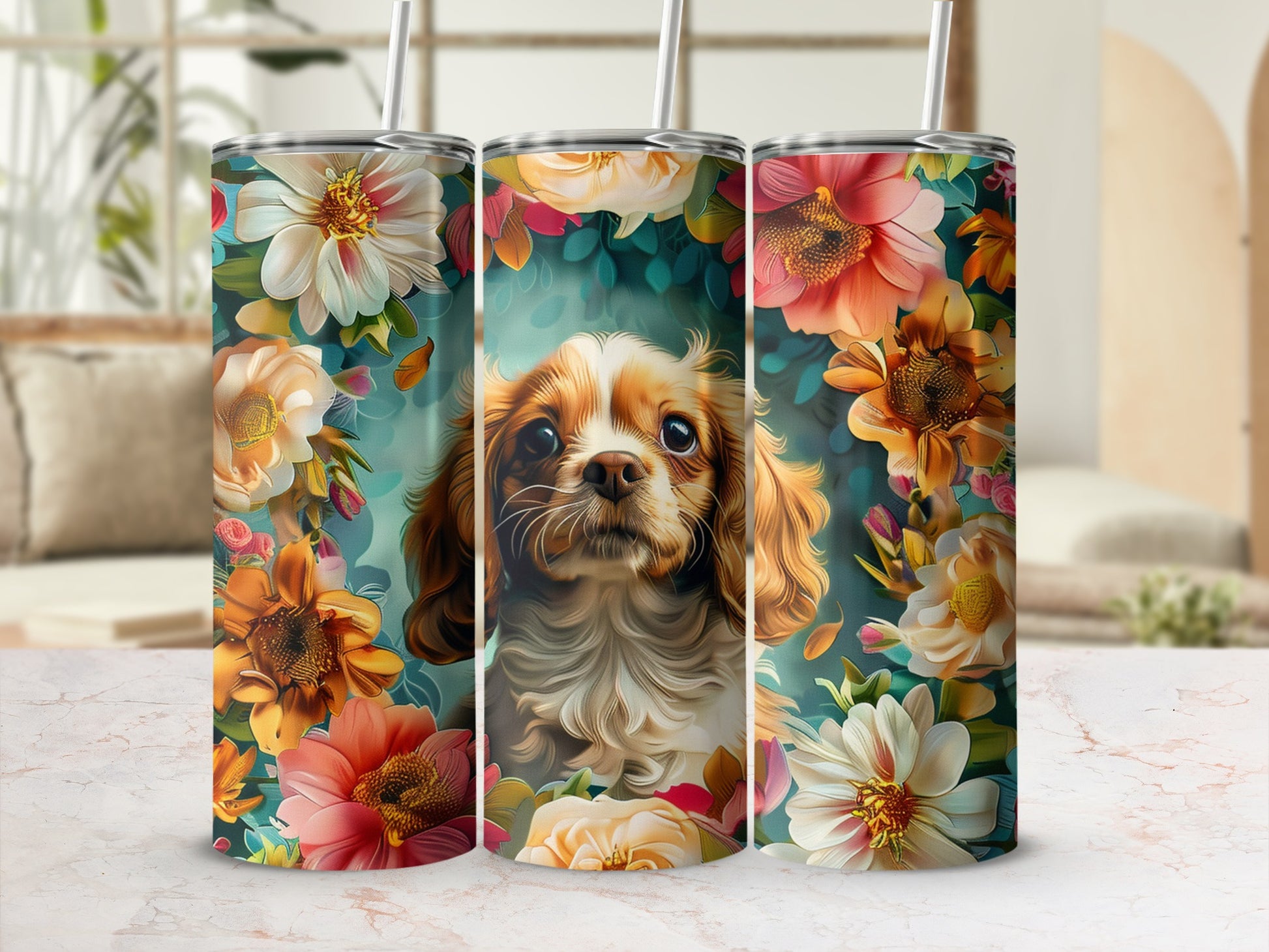 Tapestry pattern featuring a Cavalier King Charles Spaniel surrounded by colorful flowers.