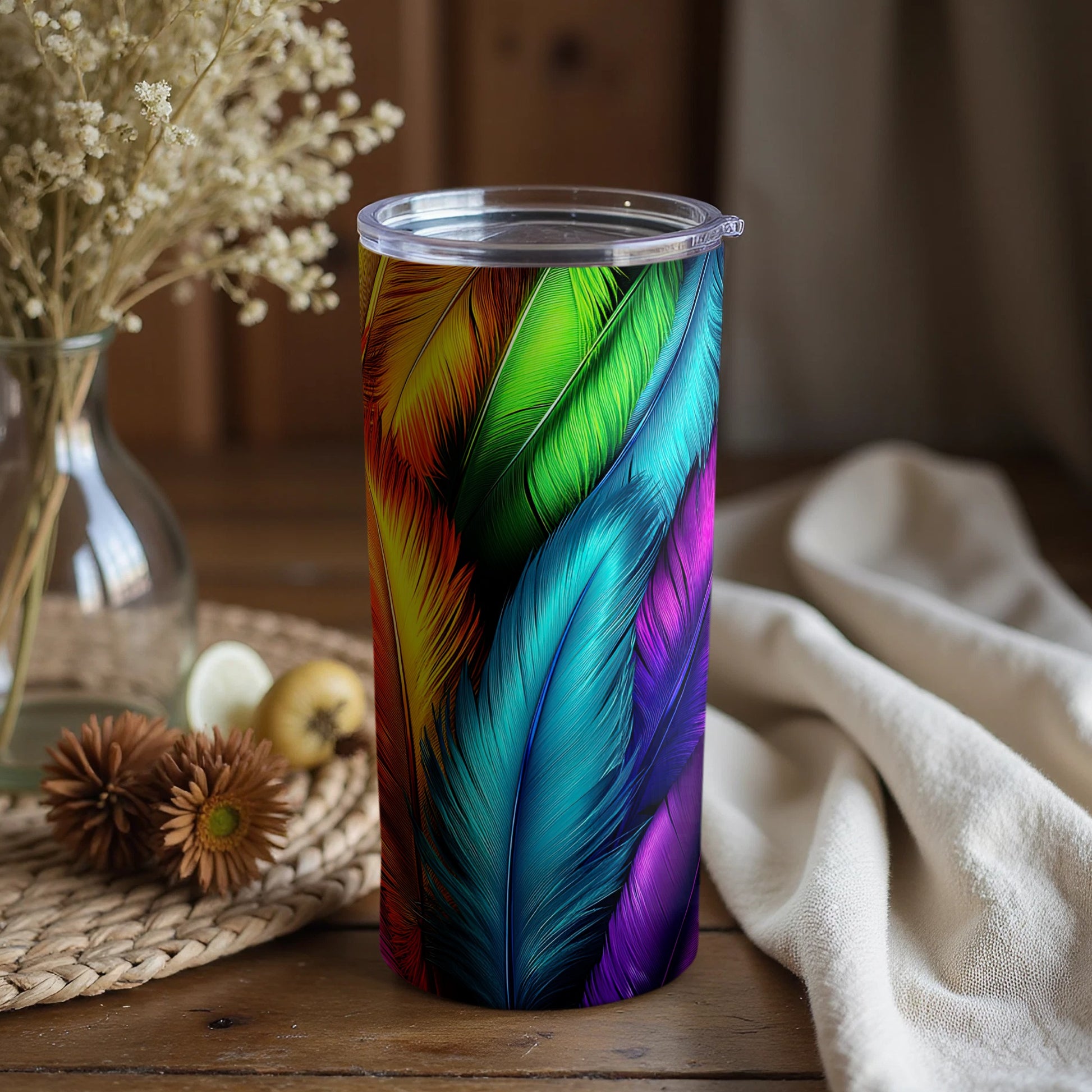 Colorful Feather Design Insulated Travel Tumbler