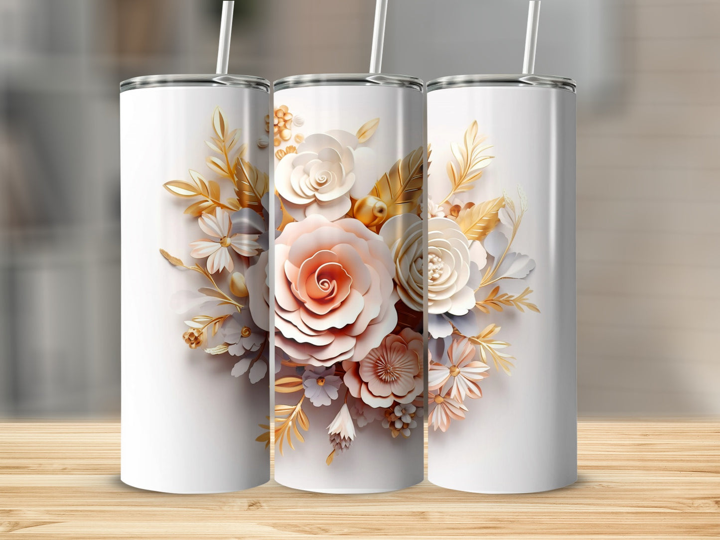 Elegant Floral Design Tumbler with Straw