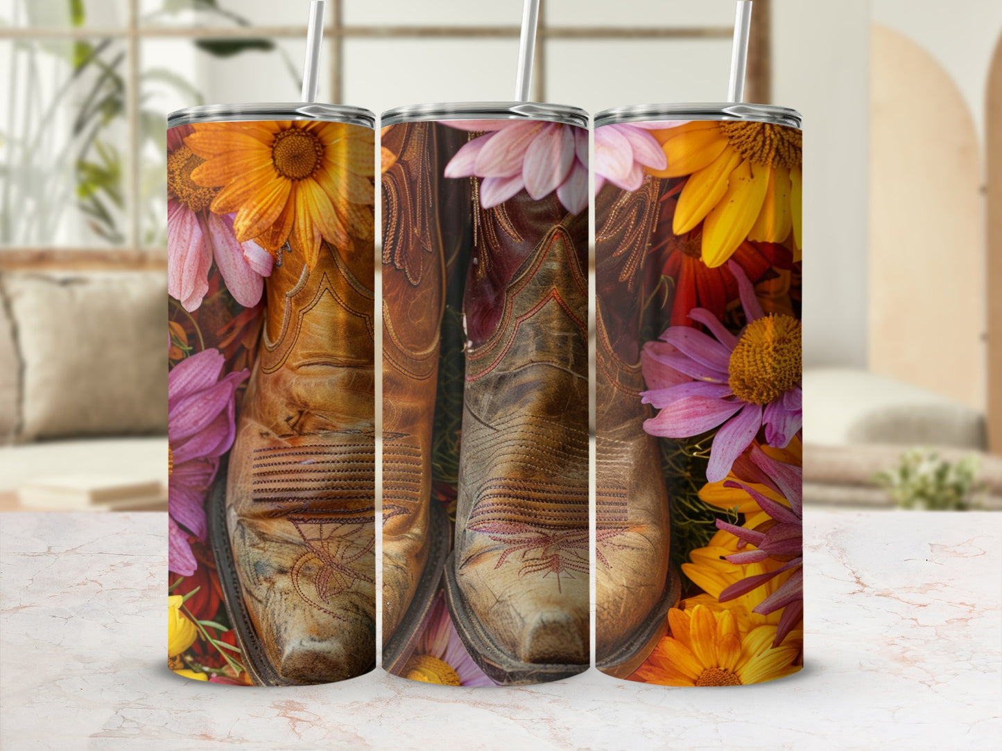 Cowboy boots nestled among colorful flowers, with a straw lid.