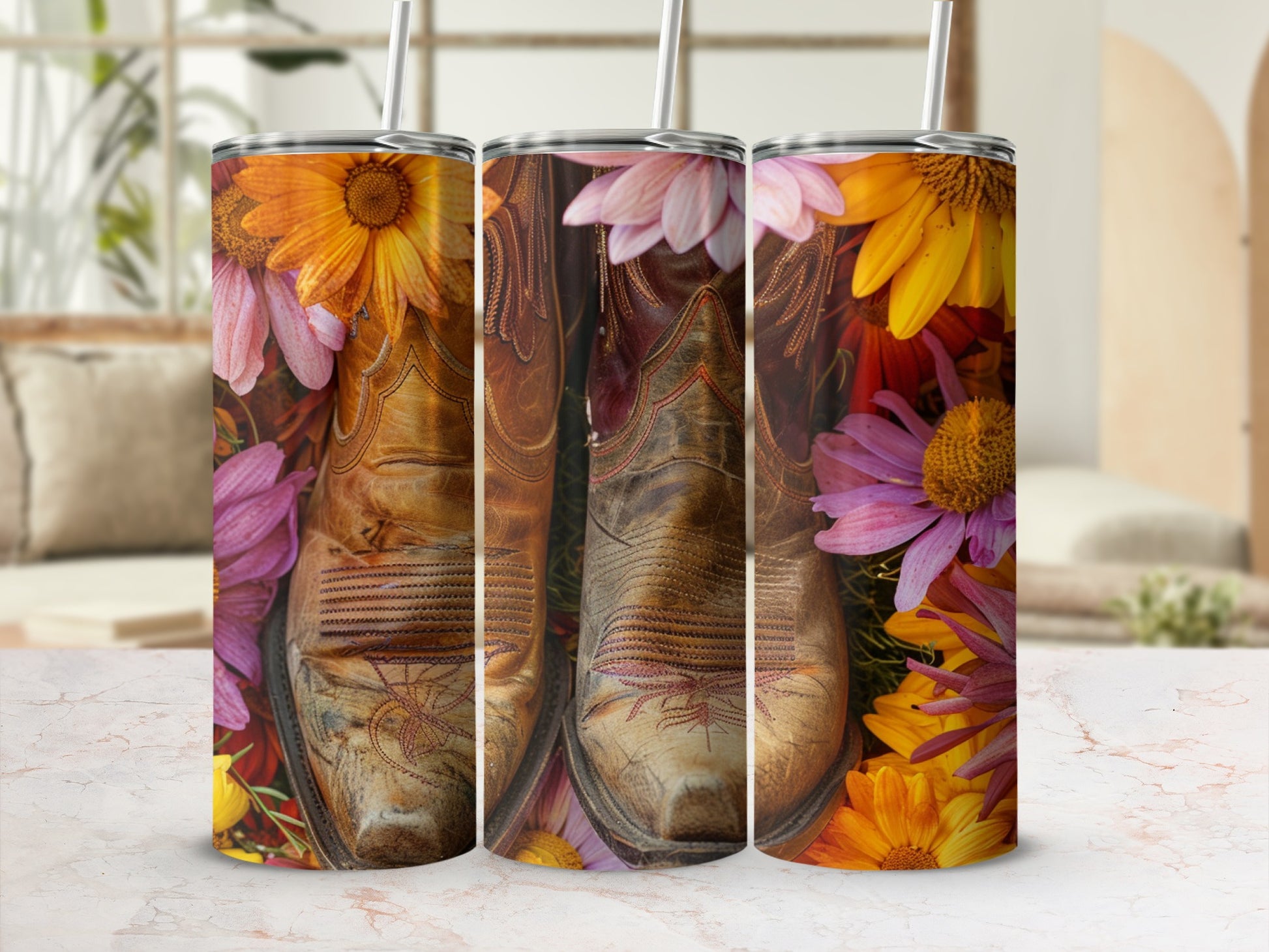 Cowboy boots nestled among colorful flowers, with a straw lid.