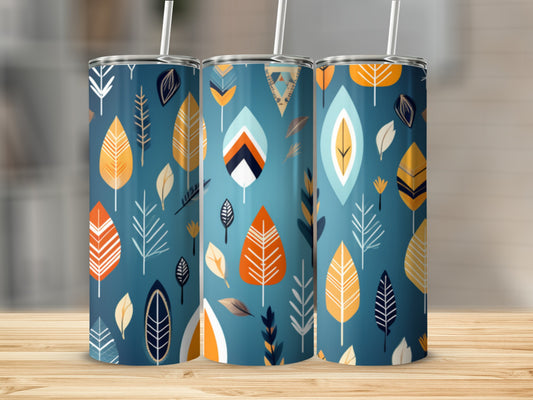 Three tumblers with a teal background and a repeating pattern of stylized leaves in warm colors.
