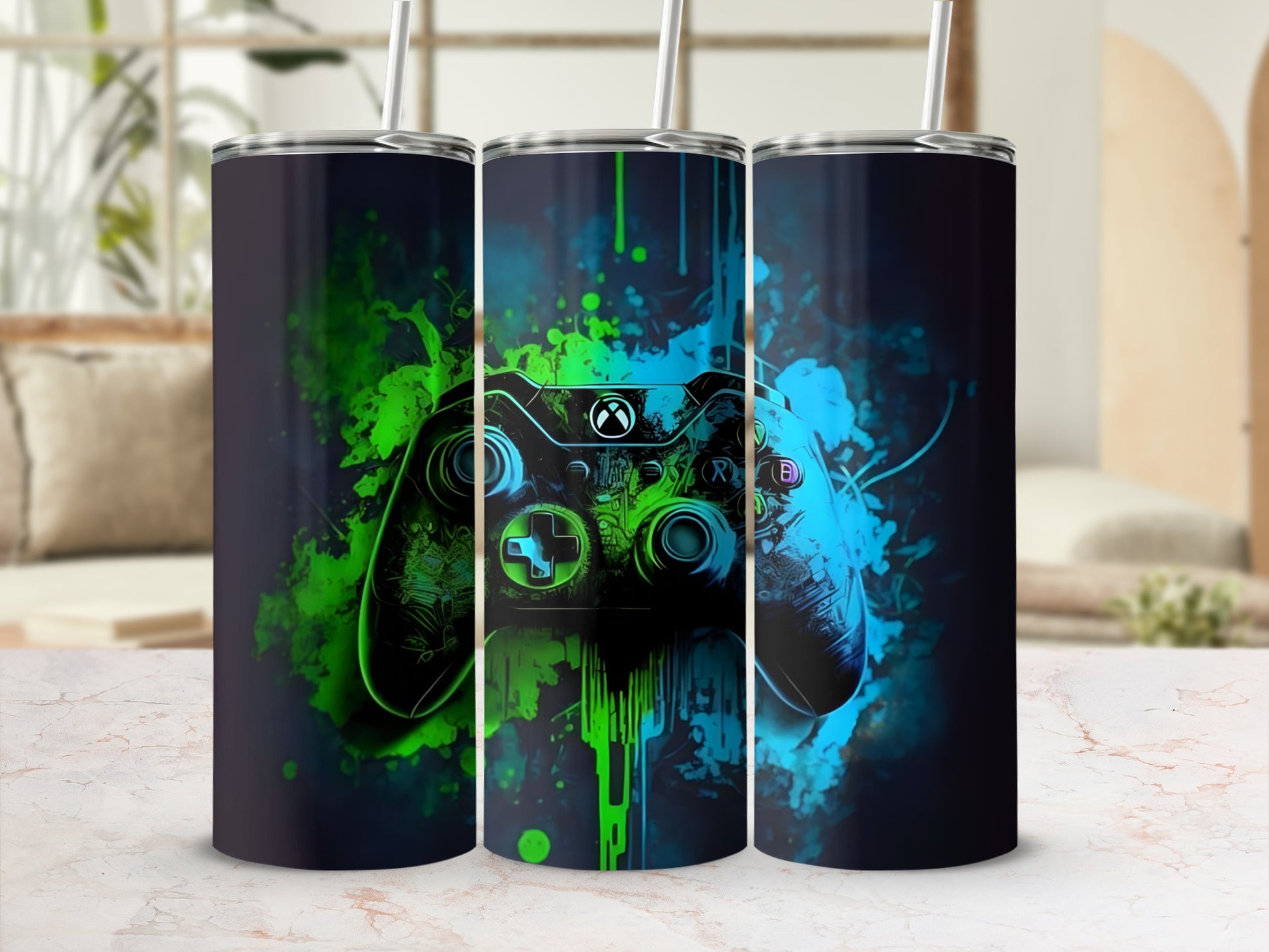 Video game controller with green and blue abstract paint splatter design.