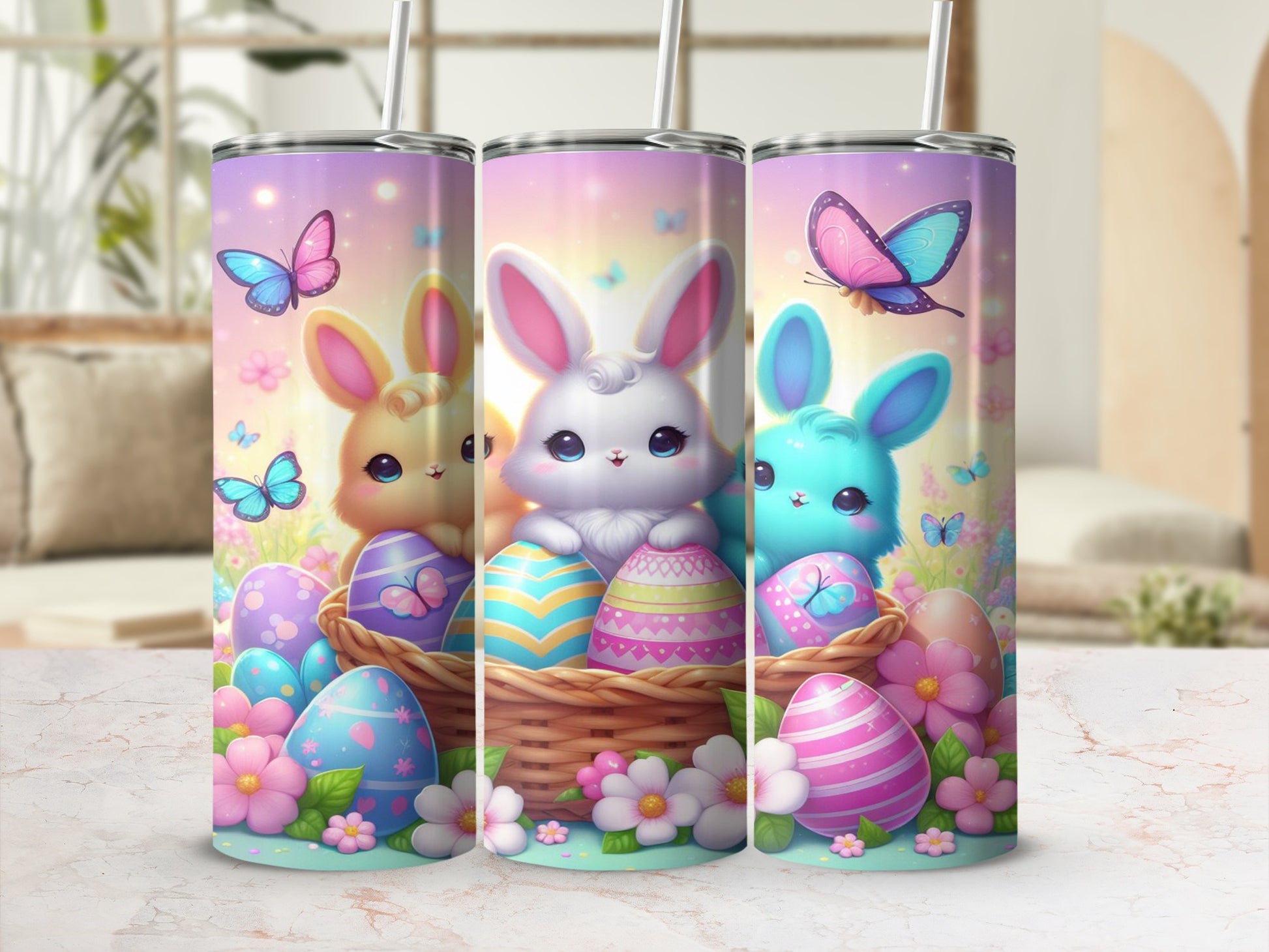 Three Easter bunnies with colorful eggs in baskets, surrounded by flowers and butterflies.