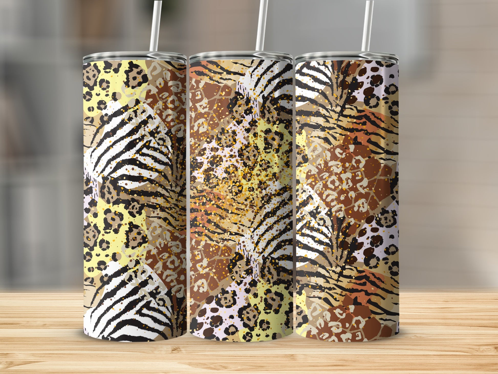 Wild Animal Print Tumbler Set with Straw Travel Cups