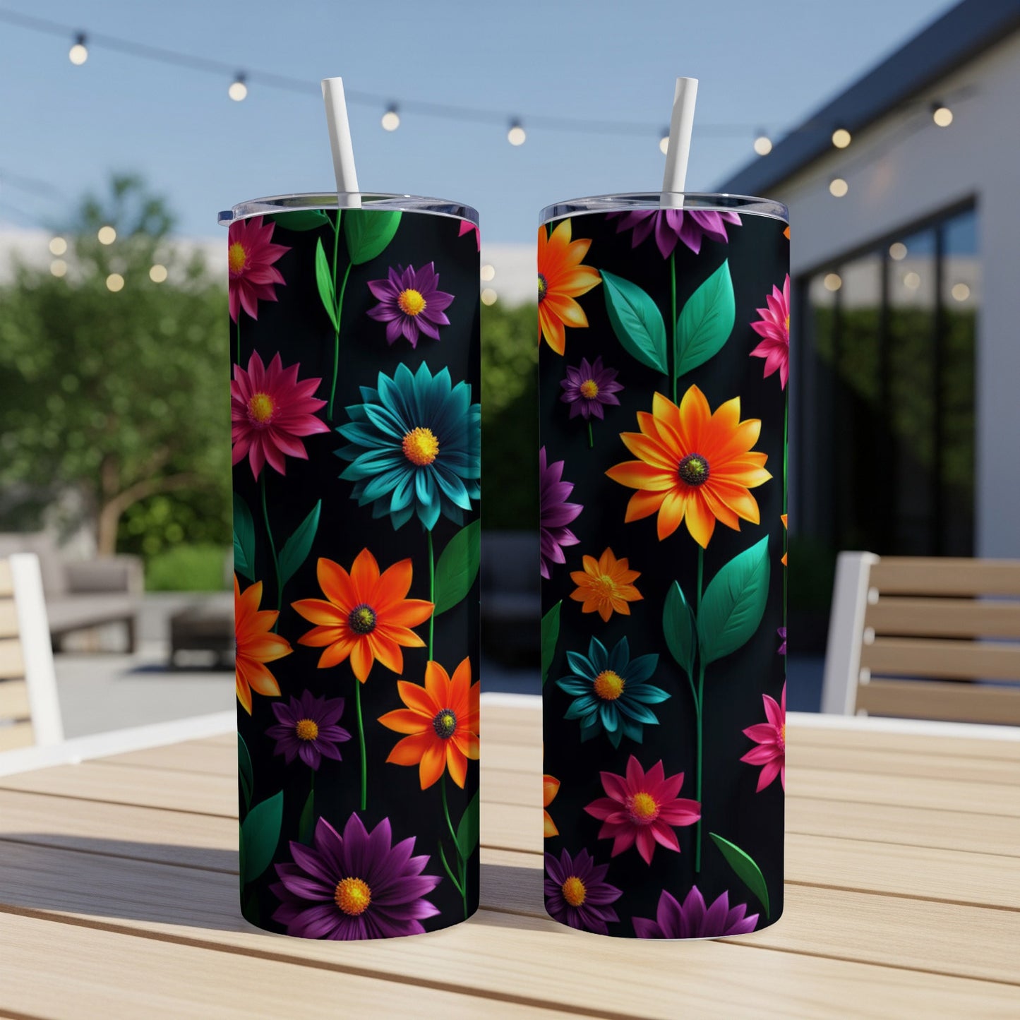 Two black tumblers with a vibrant floral pattern featuring orange, purple, and teal flowers.