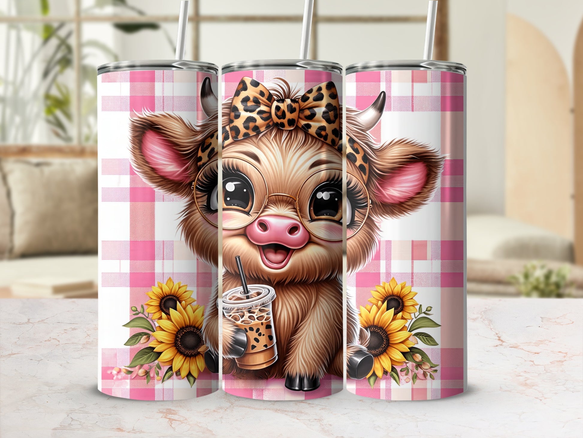 Cute cow with sunflowers and a bow wearing glasses holding a drink.