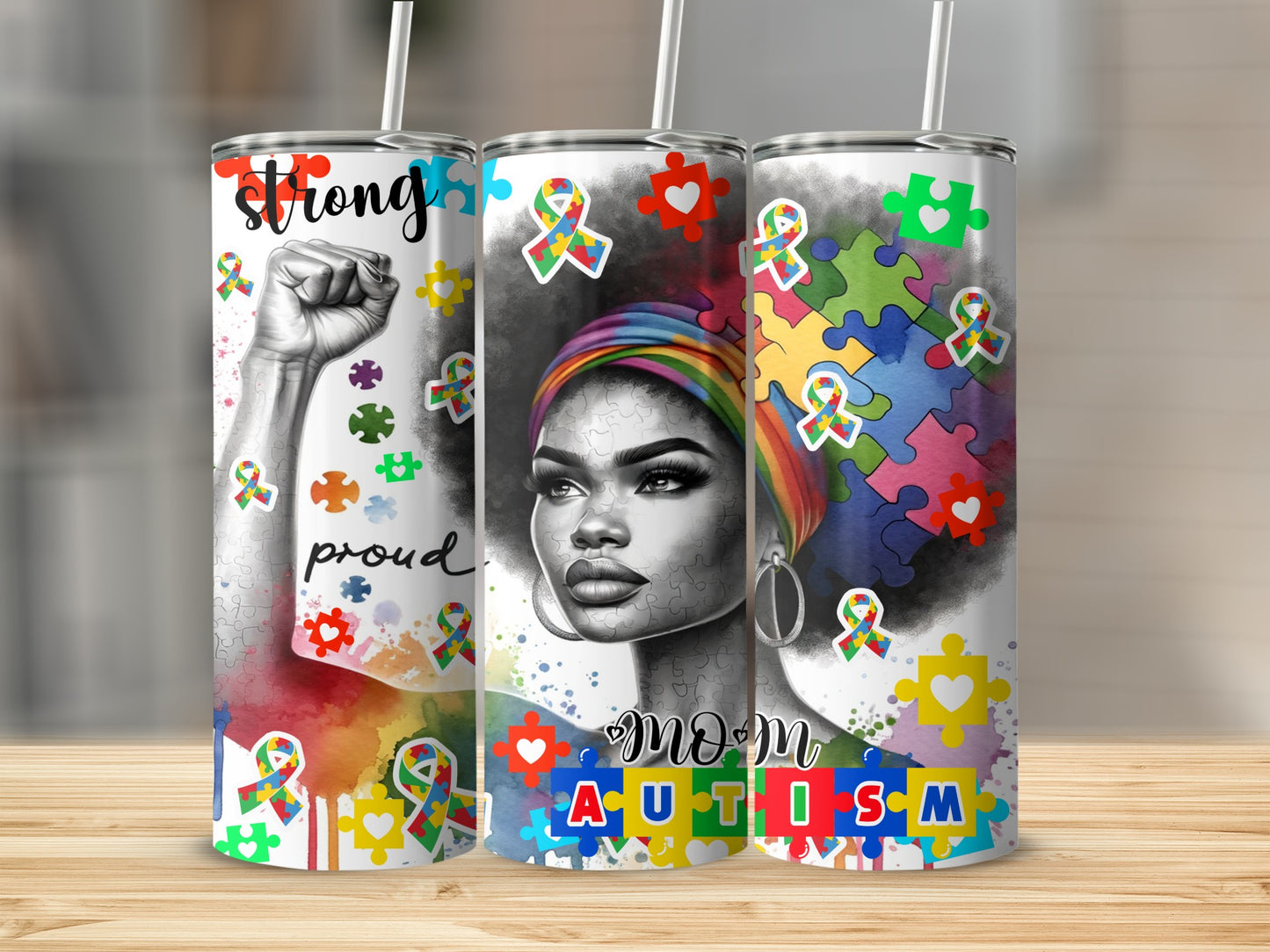 Tumbler with diverse woman, raised fist, autism puzzle pieces, and text.