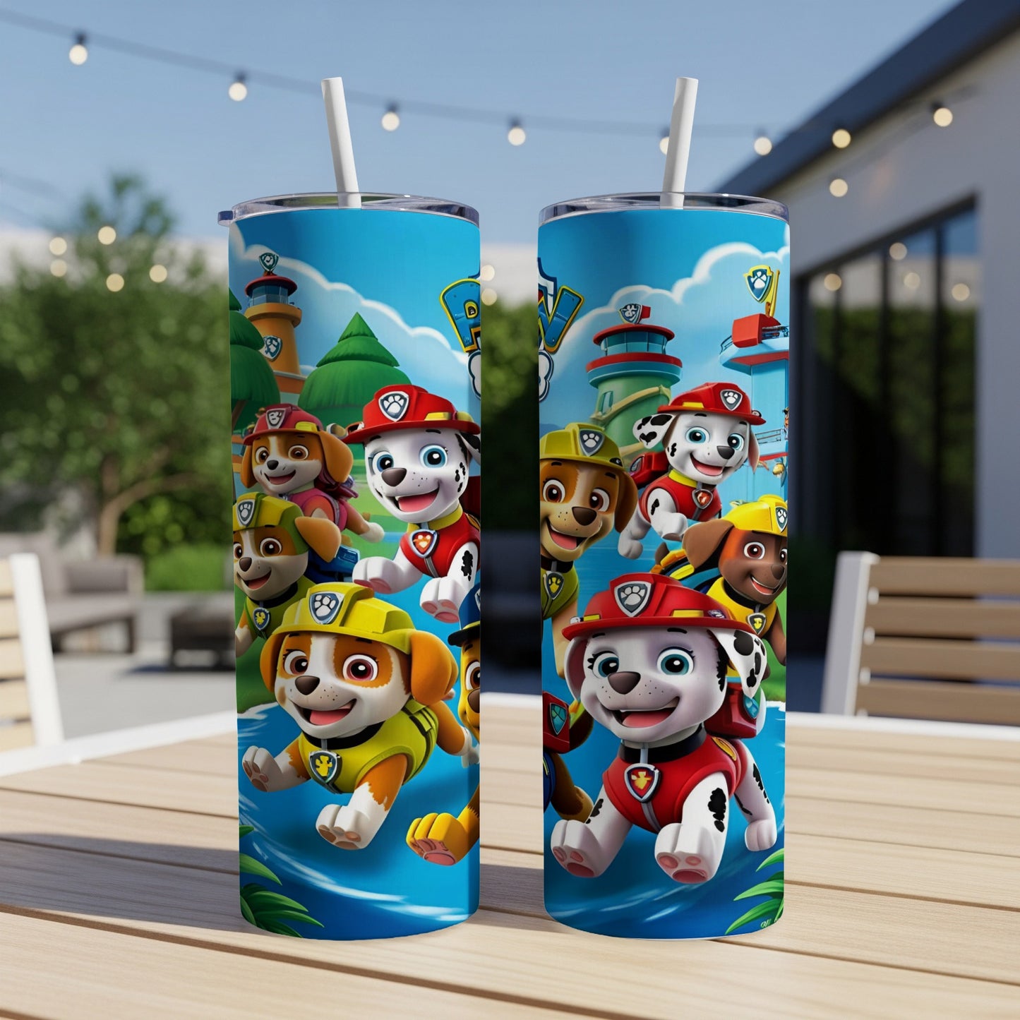 Paw Patrol characters on a blue tumbler with a straw.