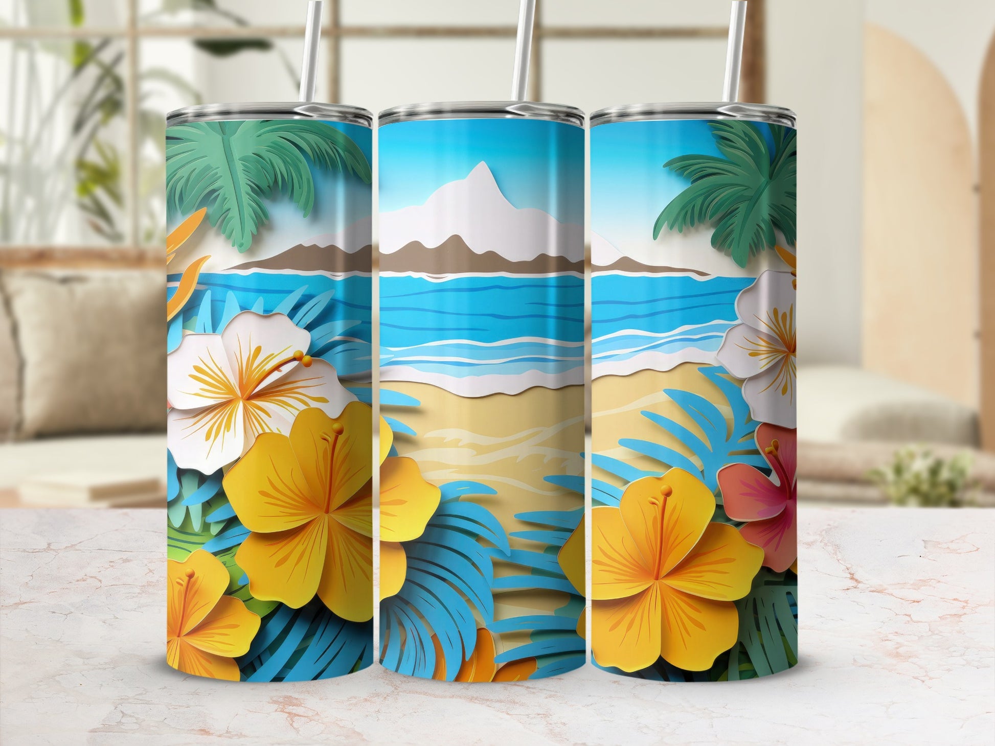 Tropical Beach Scene Insulated Tumbler with Straw