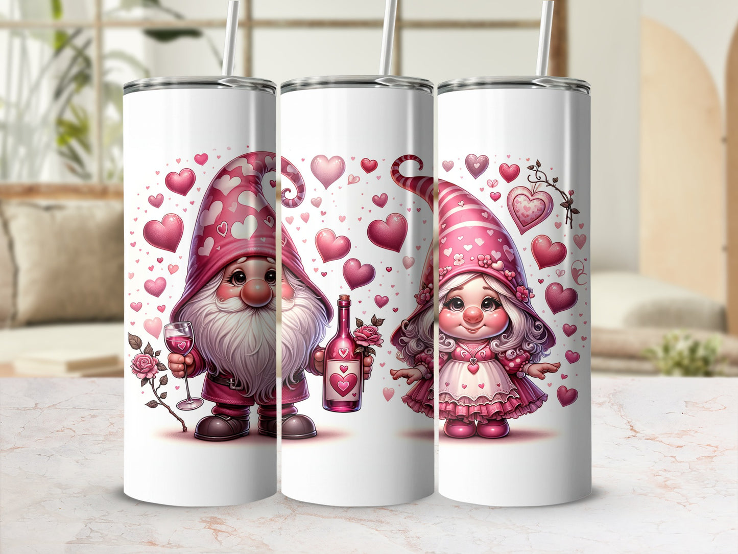 Two Valentine's Day gnomes, one male with beard, one female with pigtails, surrounded by hearts.