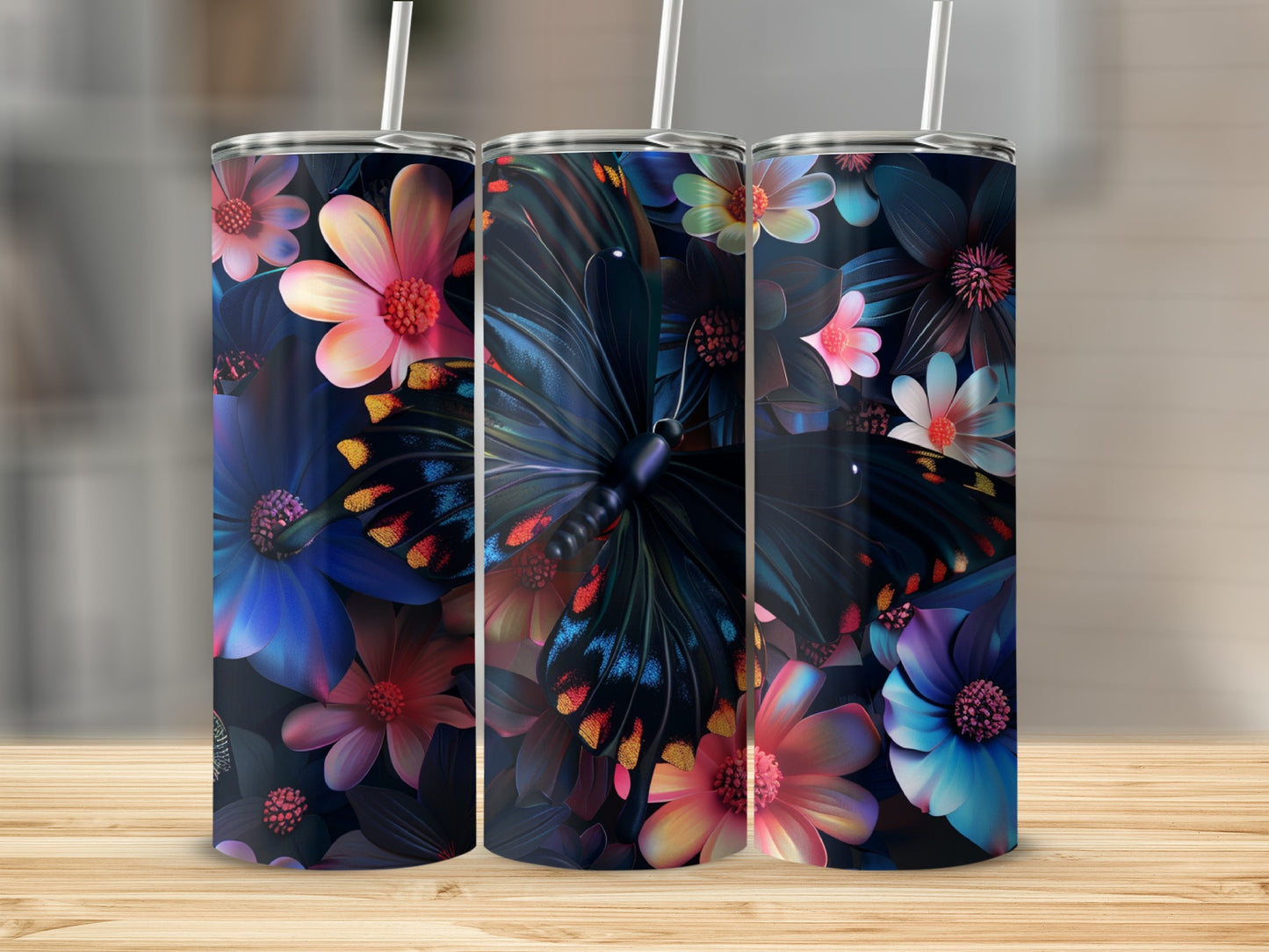 Tumbler with dark blue butterfly and colorful floral accents.